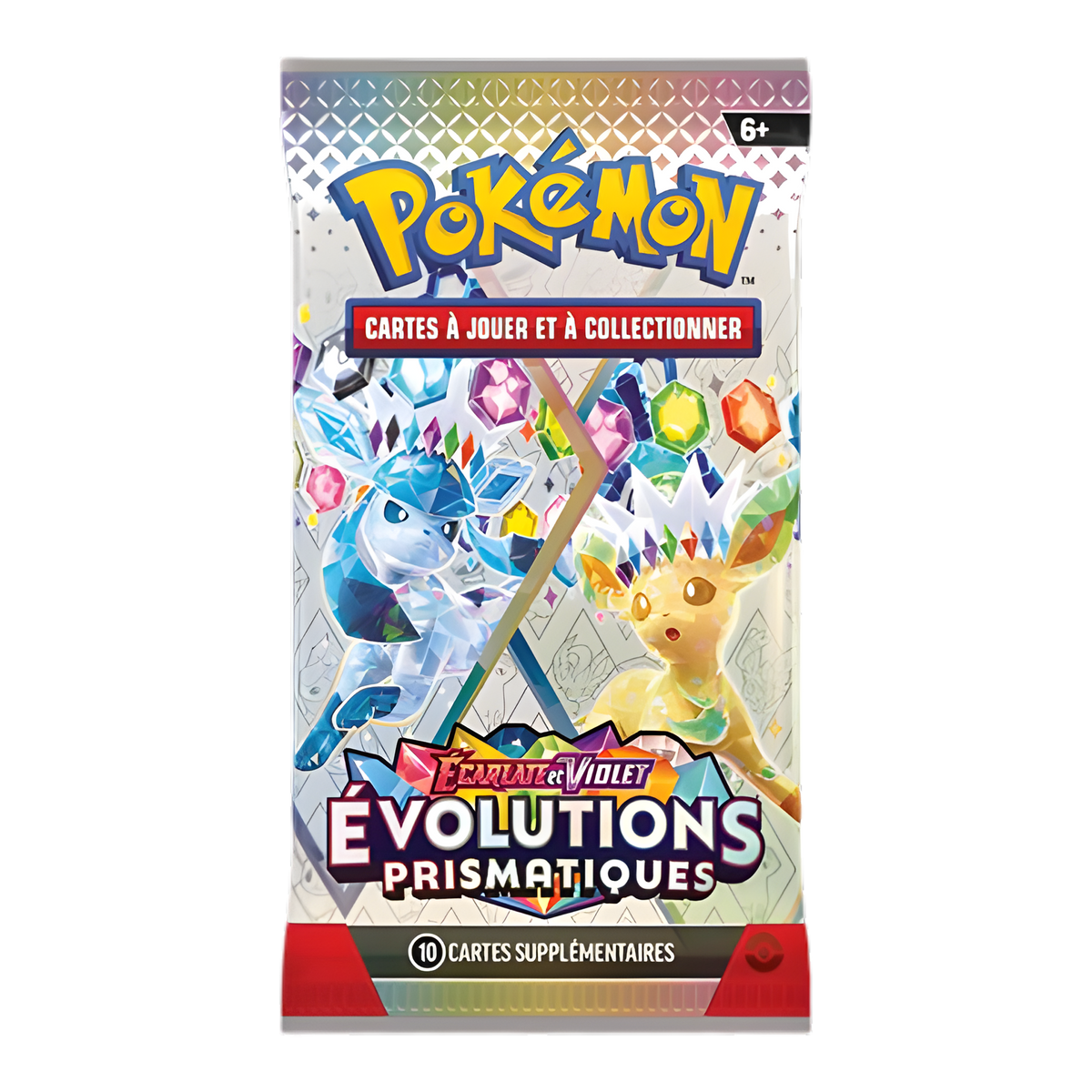Booster Pokémon Écarlate et Violet Évolutions Prismatiques, avec illustration de Givrali et Voltali, contenant 10 cartes à jouer et à collectionner.