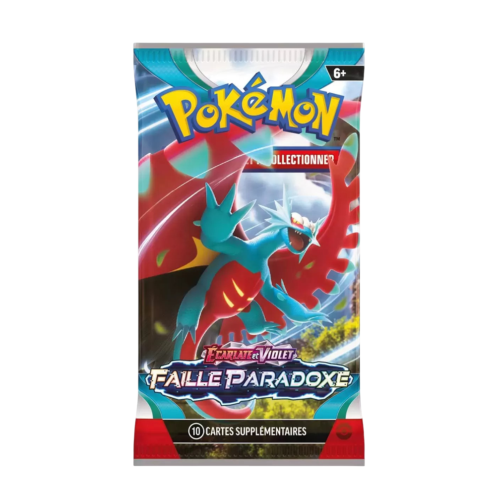 Booster Pokémon Écarlate et Violet Faille Paradoxe, illustration Drattak, contenant 10 cartes supplémentaires à jouer et collectionner.