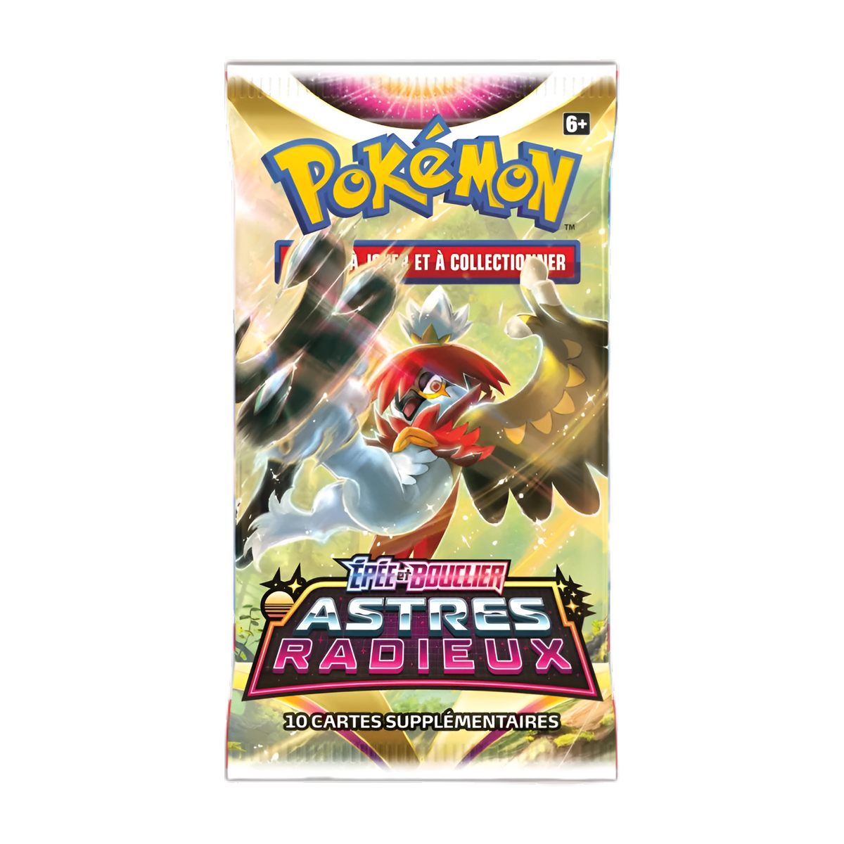 Booster Pokémon Épée et Bouclier Astres Radieux, contenant 10 cartes supplémentaires, avec illustration de Hachécateur de Hisui.