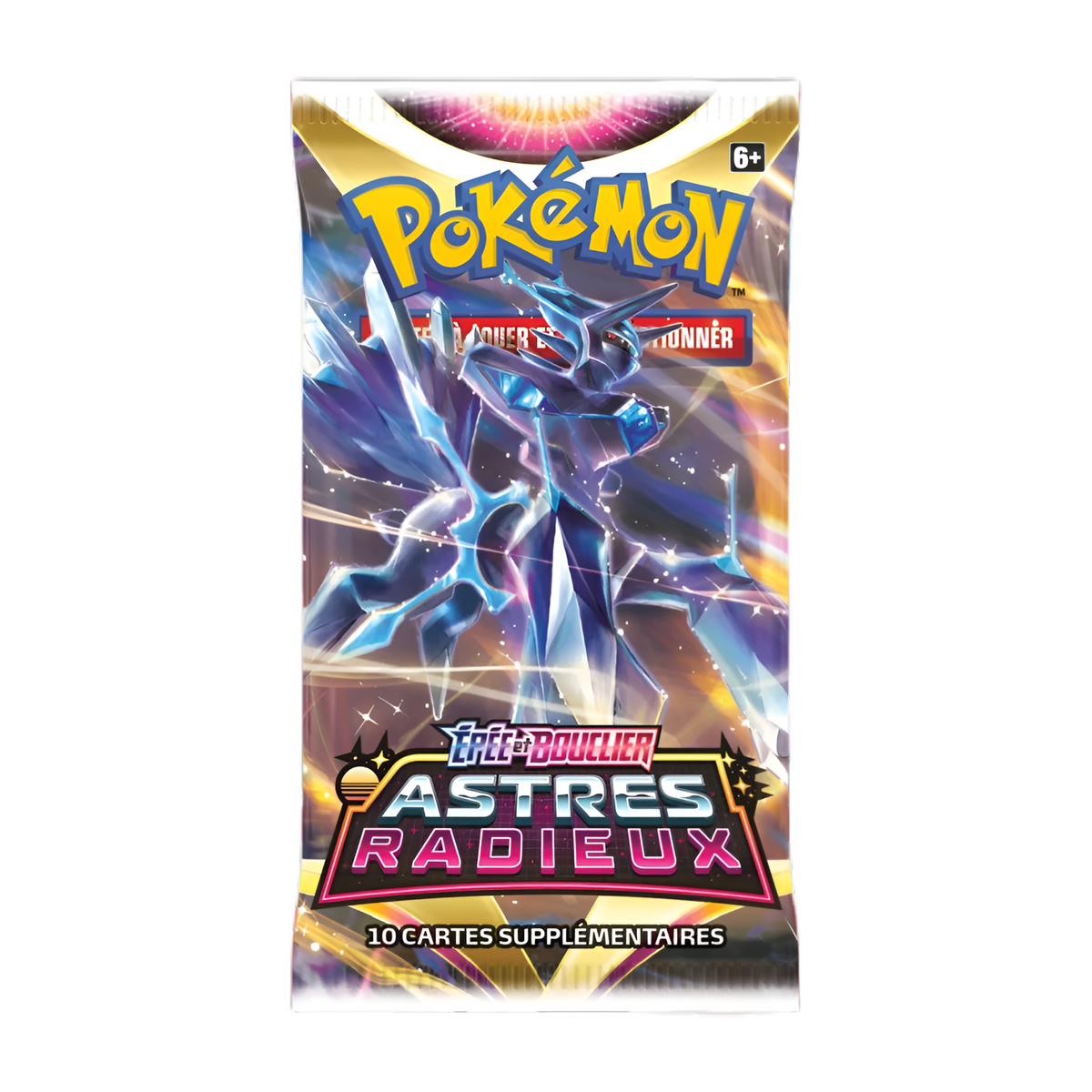 Booster Pokémon Épée et Bouclier Astres Radieux, illustration Dialga Originel, contenant 10 cartes supplémentaires à jouer et à collectionner.