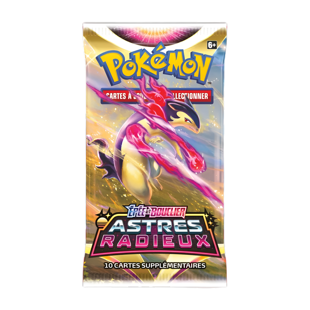 Booster Pokémon Épée et Bouclier Astres Radieux, illustration Typhlosion de Hisui, contenant 10 cartes supplémentaires à jouer et collectionner.
