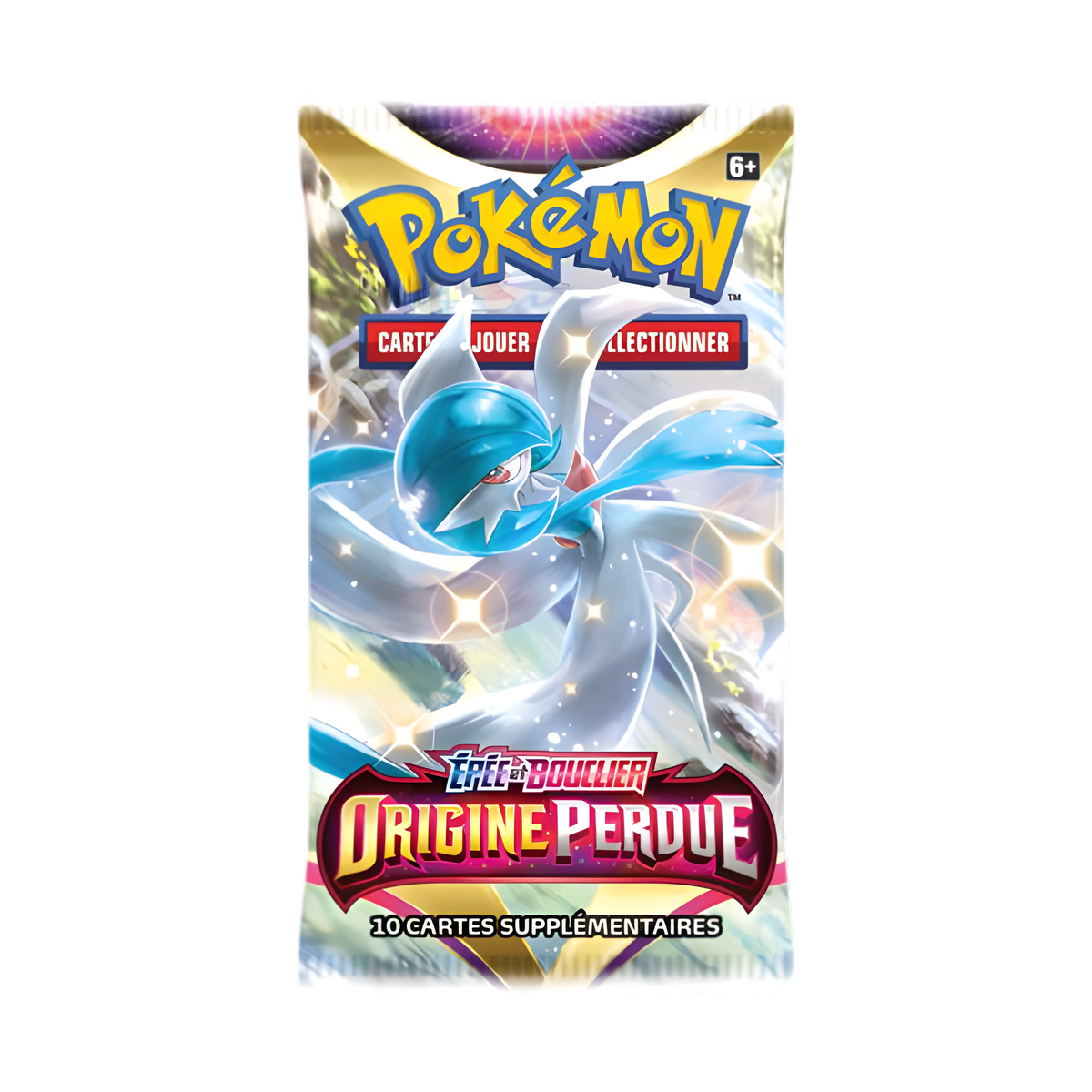 Booster Pokémon Épée et Bouclier Origine Perdue, illustration Gardevoir, contenant 10 cartes supplémentaires à jouer et collectionner.