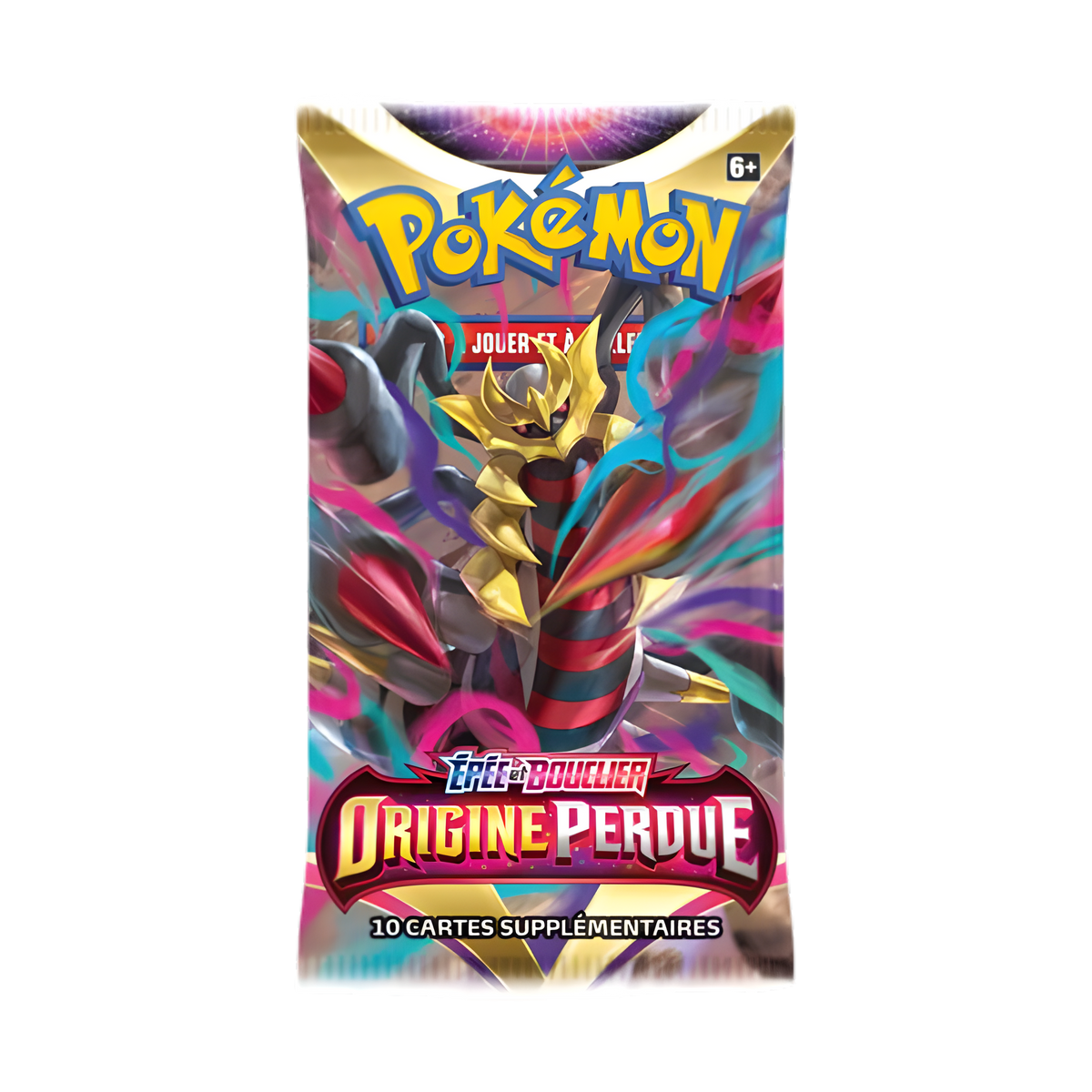 Booster Pokémon Épée et Bouclier Origine Perdue, illustration Giratina, contenant 10 cartes supplémentaires à jouer et collectionner.