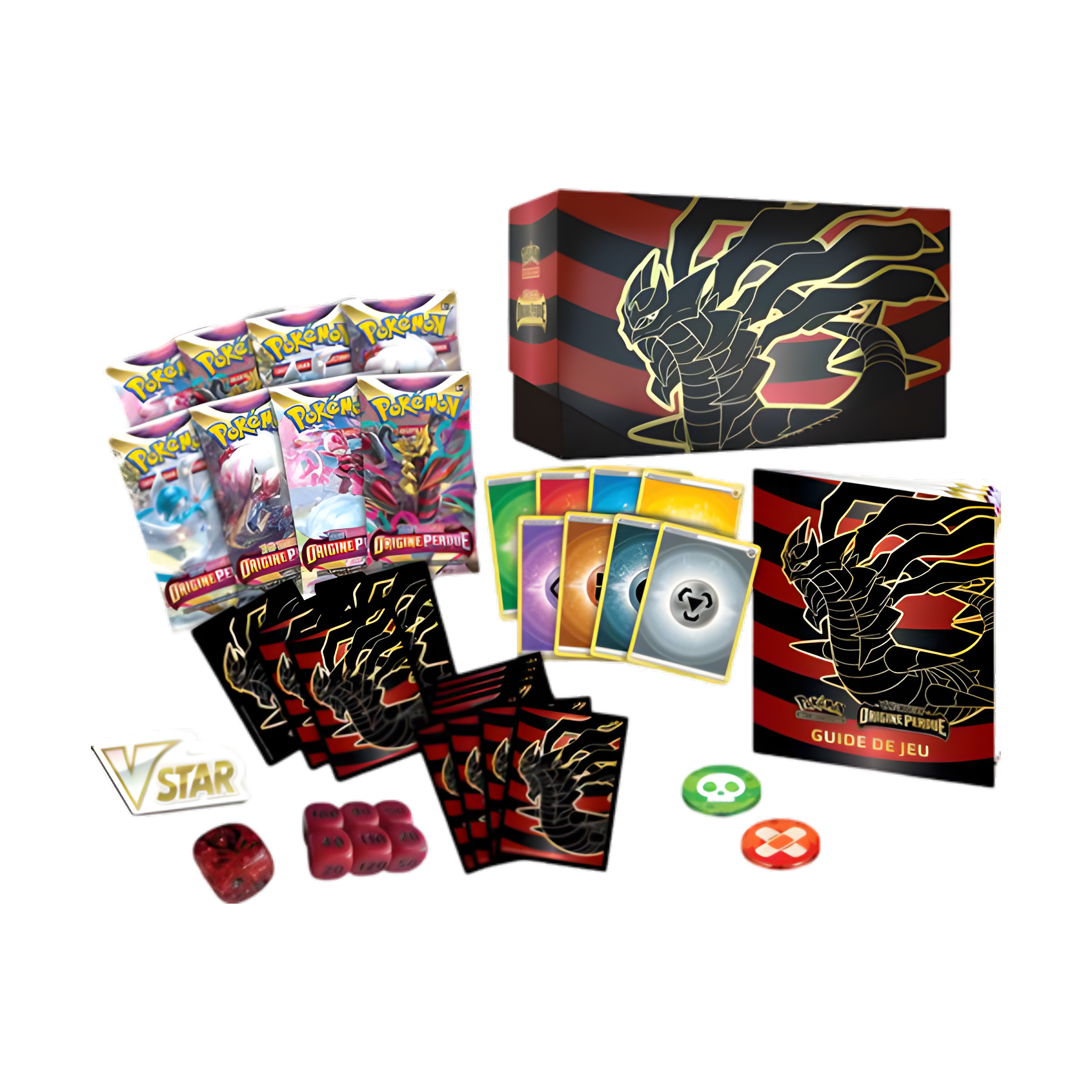 Contenu du coffret Dresseur d’Élite Pokémon Origine Perdue : boosters, protège-cartes, cartes Énergie, guide de jeu, dés, marqueurs et boîte de rangement à l’effigie de Giratina.