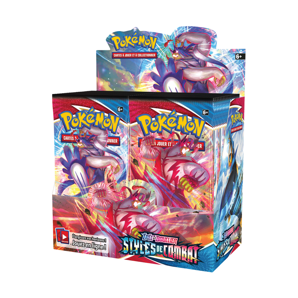 Display Pokémon Épée et Bouclier Styles de Combat, boîte de 36 boosters avec illustration d’Shifours, idéal pour collectionner et jouer au JCC Pokémon.