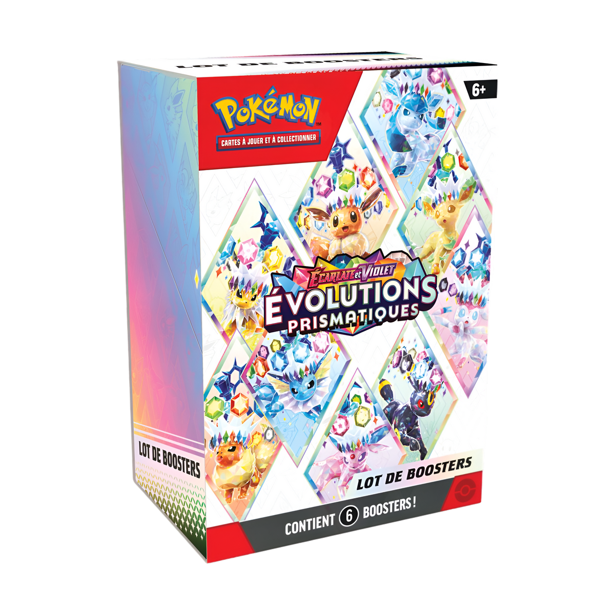 Coffret Pokémon Écarlate et Violet Évolutions Prismatiques contenant un lot de 6 boosters, avec illustrations des différentes évolutions d’Évoli.