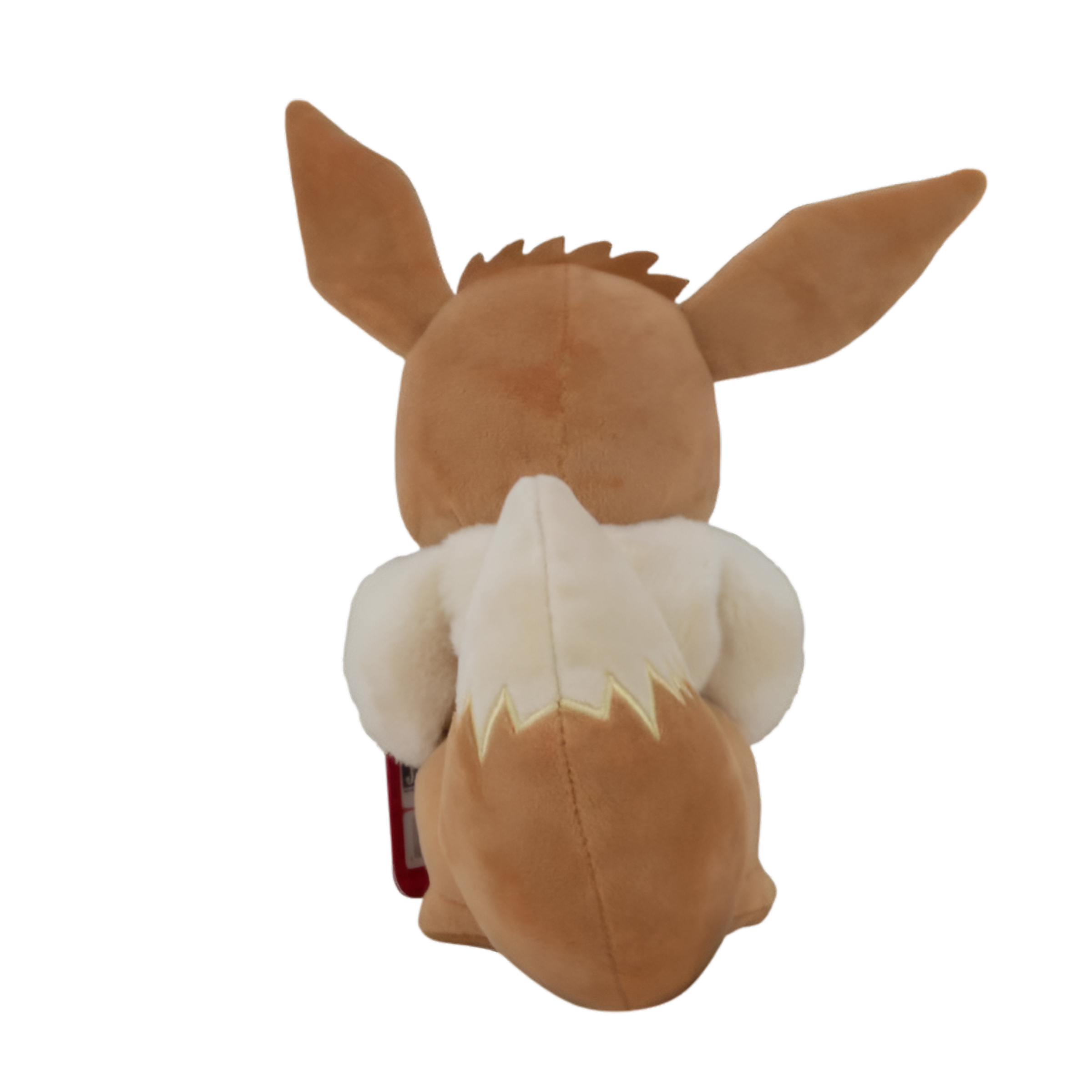 Vue de dos peluche Évoli Pokémon officielle, jouet en peluche marron et crème pour enfants et collectionneurs