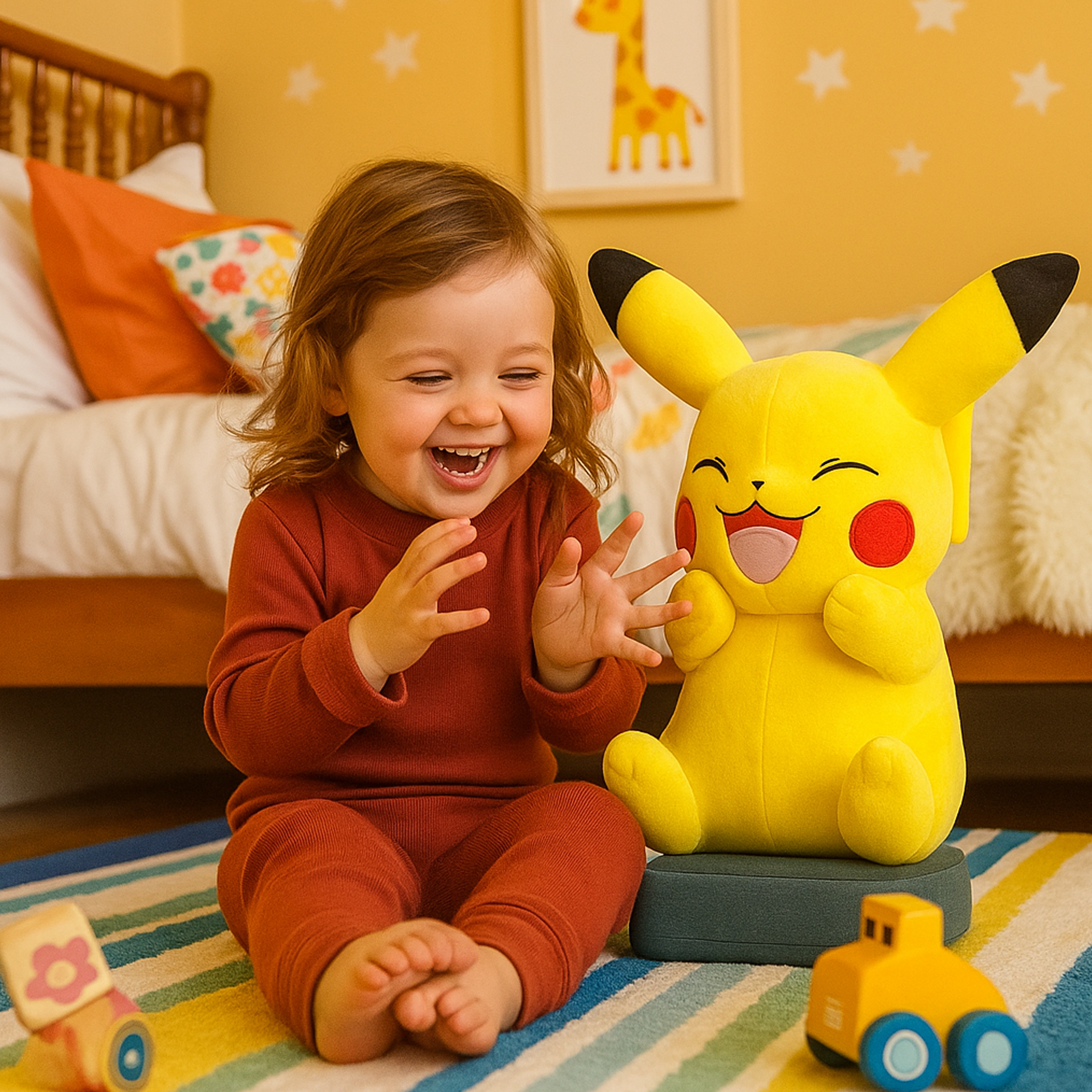 Jeune enfant assis sur un tapis coloré, riant et jouant à côté d’une grande peluche Pikachu dans une chambre décorée de couleurs vives et de motifs d’étoiles.