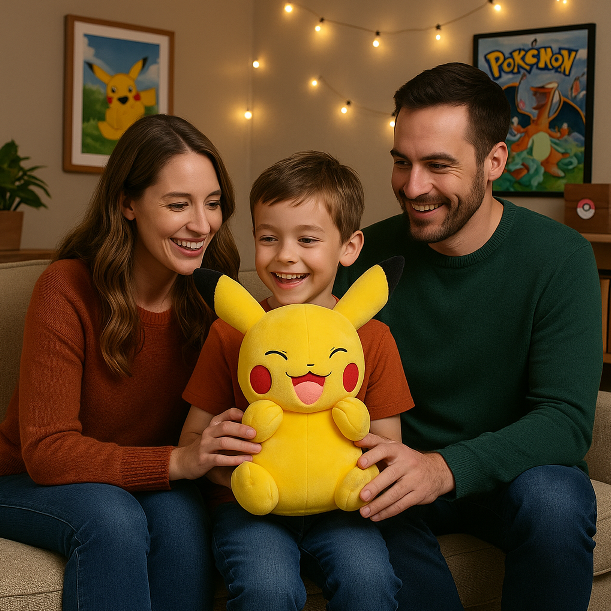 Famille souriante, composée d’un père, d’une mère et d’un garçon, assise sur un canapé avec une grande peluche Pikachu dans un salon décoré d’affiches Pokémon et de guirlandes lumineuses.