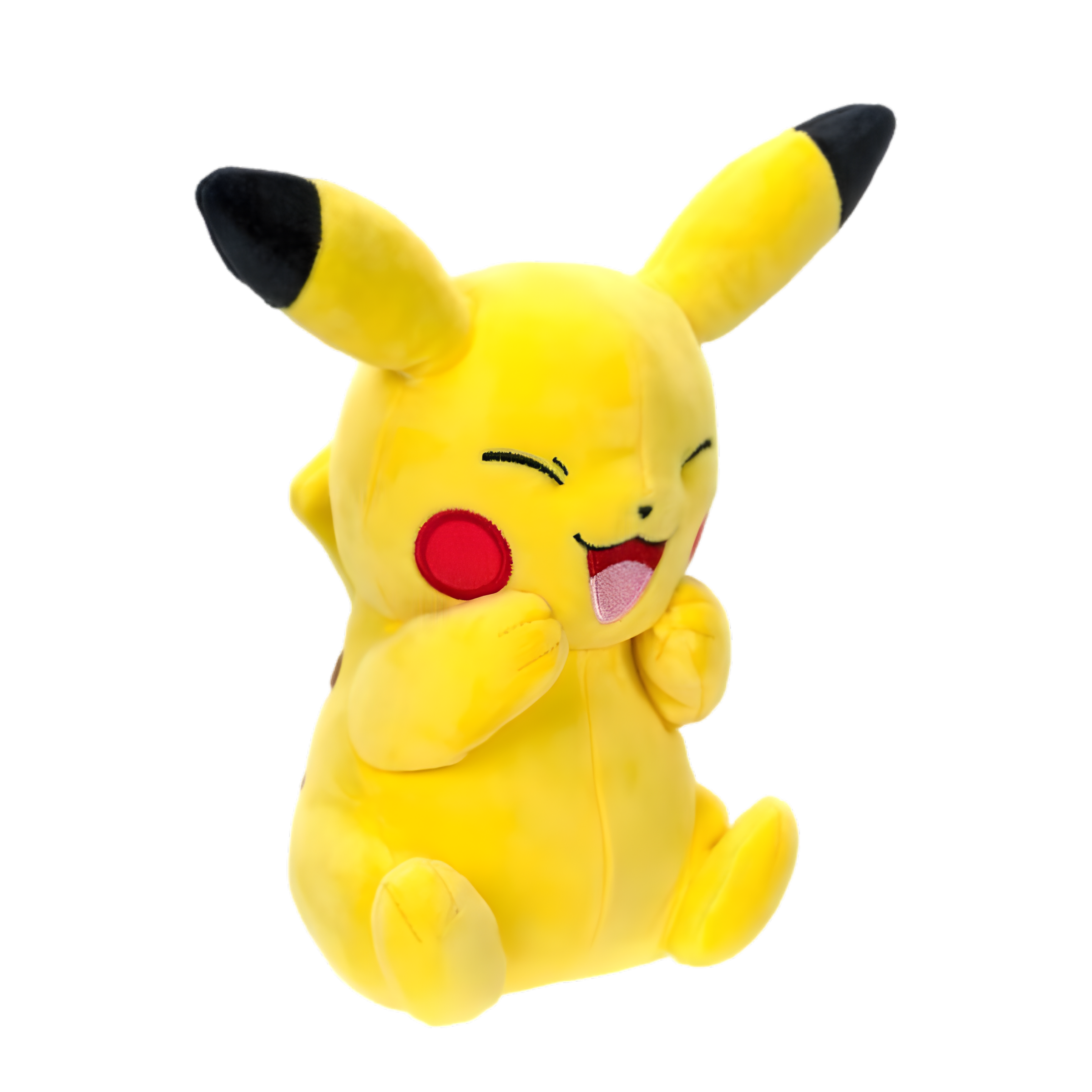 Peluche Pikachu Pokémon officielle, jouet en peluche jaune vue de trois-quarts, idéale pour enfants et fans de Pokémon