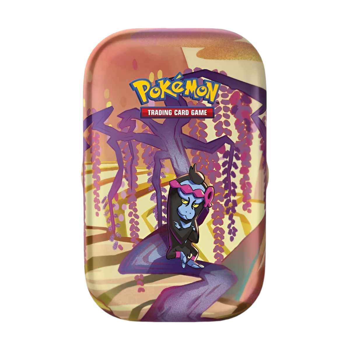 Boîte métallique Pokémon Mini Tin illustrée avec Feurison de Hisui assis sur une branche d’arbre fleuri, dans un paysage pastel, avec le logo "Pokémon Trading Card Game" en haut. Boîte de rangement pour cartes à collectionner.