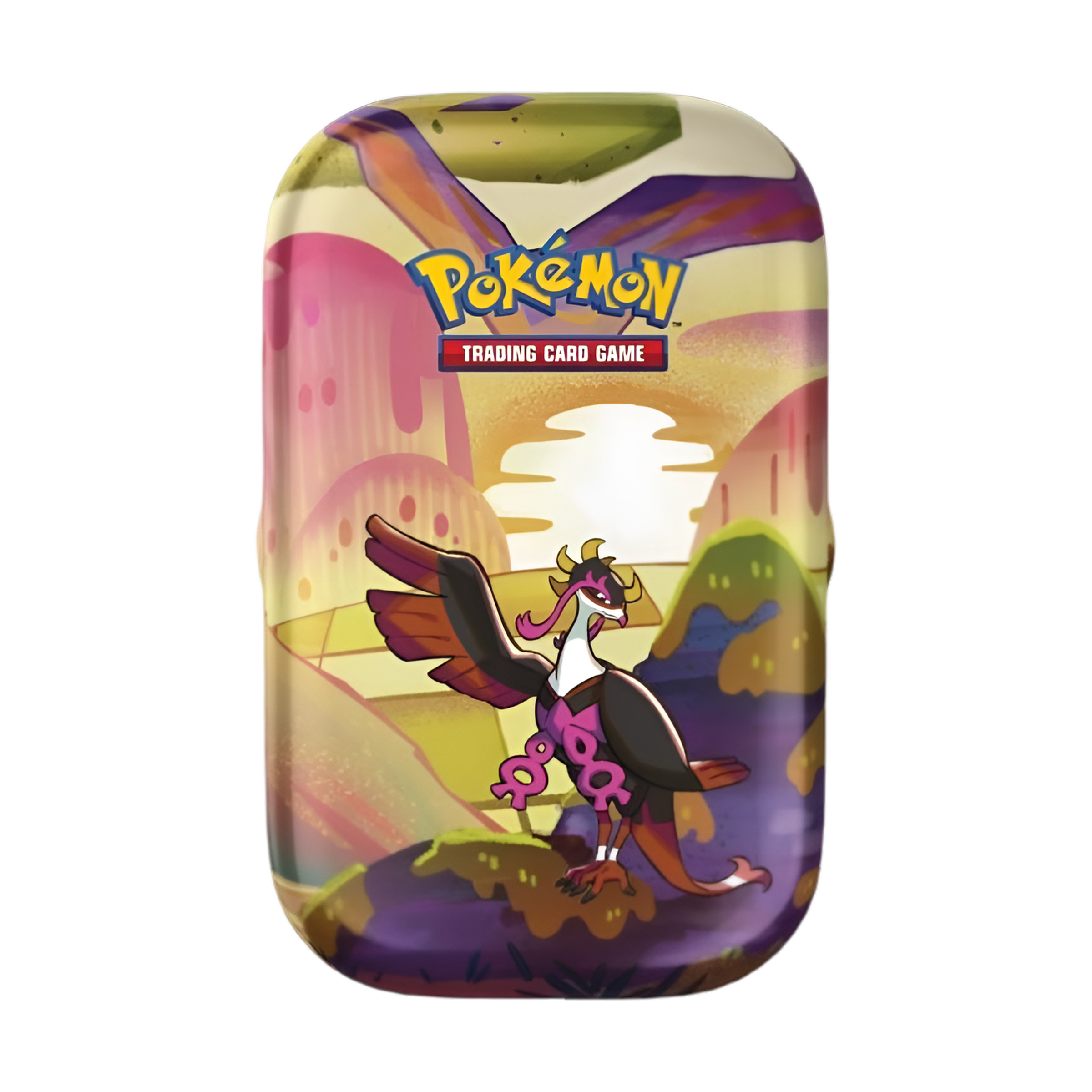 Boîte métallique Pokémon Mini Tin décorée avec Flamenroule (Pheasant Dipplin) debout dans un paysage coloré au coucher du soleil, avec le logo "Pokémon Trading Card Game" en haut. Accessoire pour ranger des cartes à collectionner.