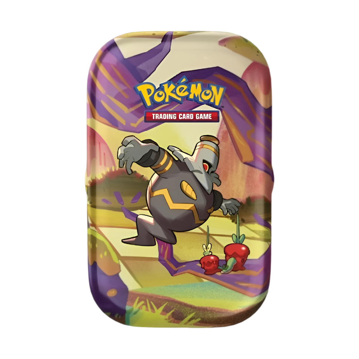 Boîte métallique Pokémon Mini Tin illustrée avec Golemastoc (Golurk) en train de marcher, sur un fond coloré de motifs géométriques et de pommes, logo "Pokémon Trading Card Game" en haut. Accessoire de rangement pour cartes à collectionner.