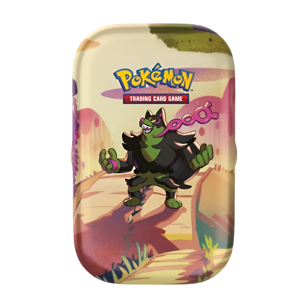 Boîte métallique Mini Tin Pokémon illustrée avec Gromago debout sur un chemin, entouré d’un décor coloré, avec le logo "Pokémon Trading Card Game" en haut. Accessoire pour cartes à collectionner.