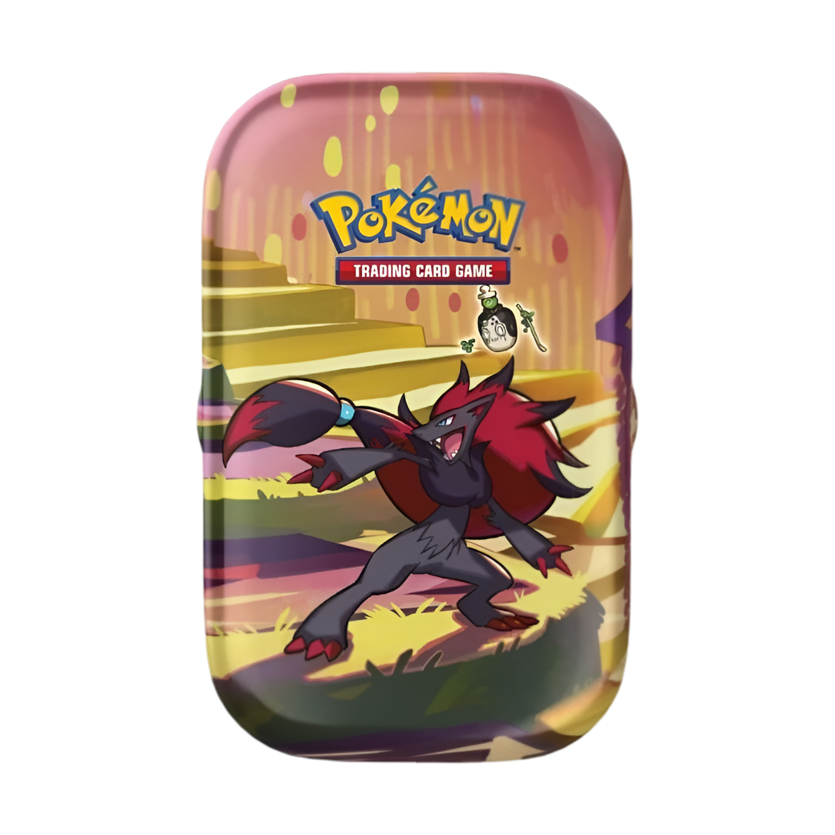 Boîte métallique Pokémon Mini Tin illustrée avec Zoroark en premier plan, sur un décor coloré de marches et de lumière dorée, logo "Pokémon Trading Card Game" en haut. Accessoire de rangement pour cartes à collectionner.