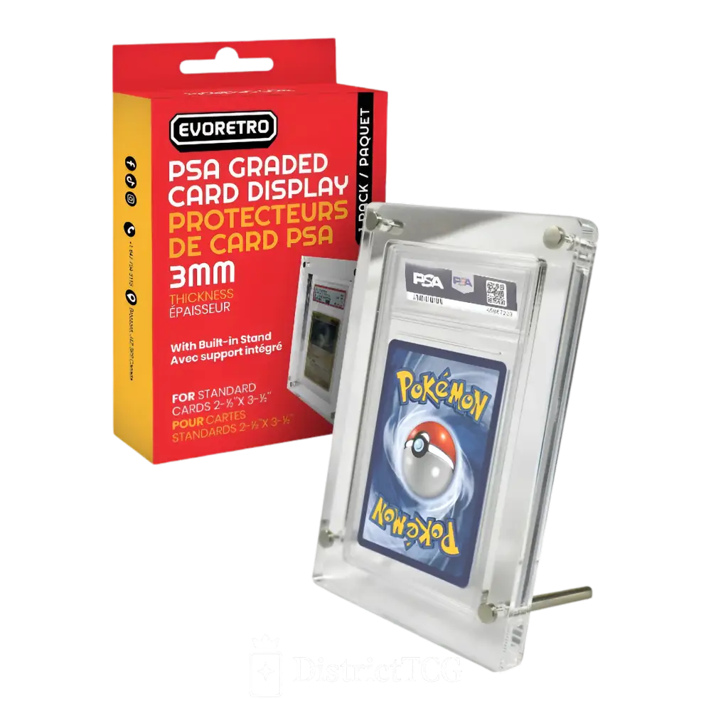 Présentoir EVORETRO pour cartes Pokémon gradées PSA, en acrylique transparent, avec support intégré et boîte d'emballage rouge.