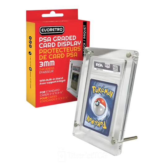 Présentoir EVORETRO pour cartes Pokémon gradées PSA, en acrylique transparent, avec support intégré et boîte d'emballage rouge.