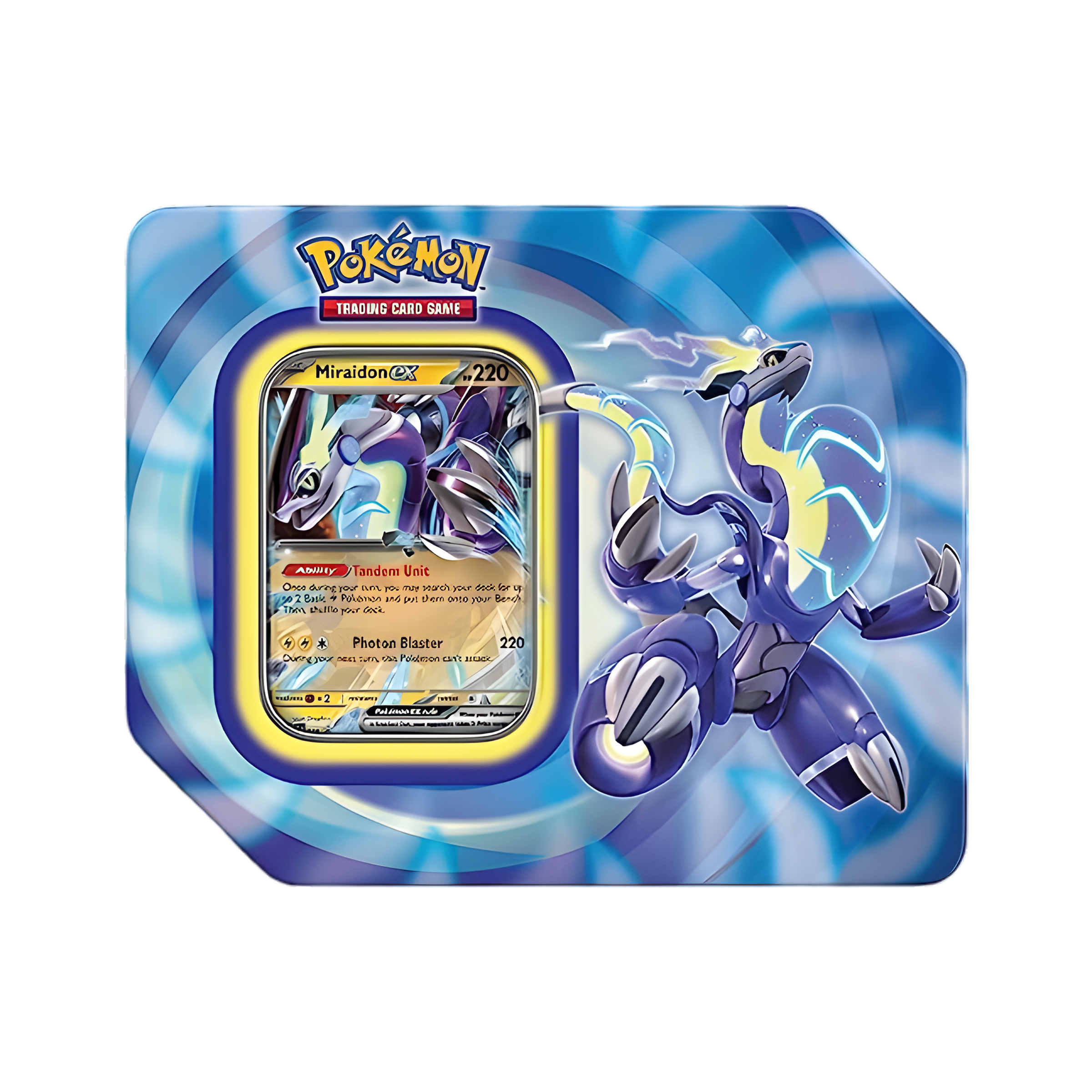 Boîte métal Pokémon Miradon EX, contenant une carte promo Miradon EX et des boosters, idéale pour les collectionneurs du jeu de cartes Pokémon.