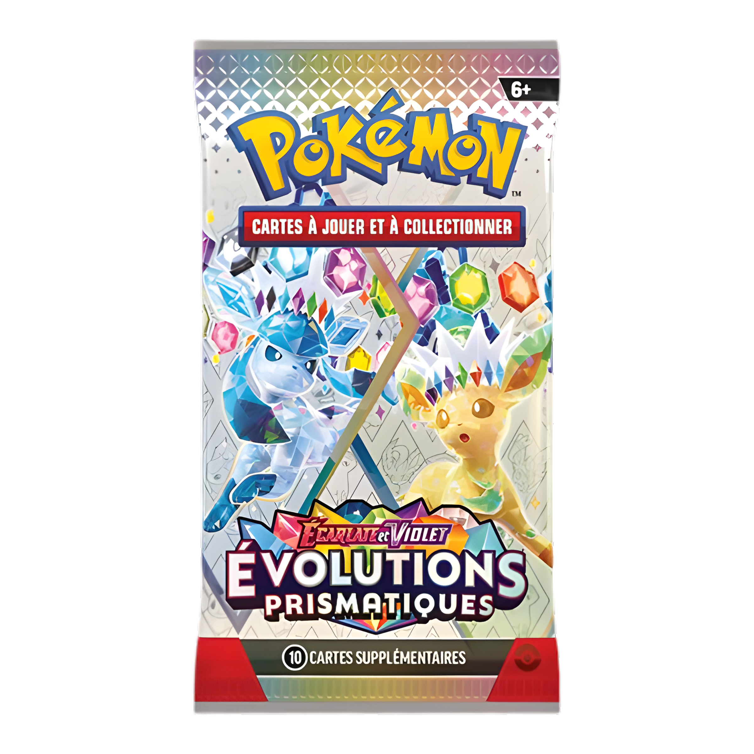 Booster Pokémon Écarlate et Violet Évolutions Prismatiques, avec illustration de Givrali et Voltali, contenant 10 cartes à jouer et à collectionner.