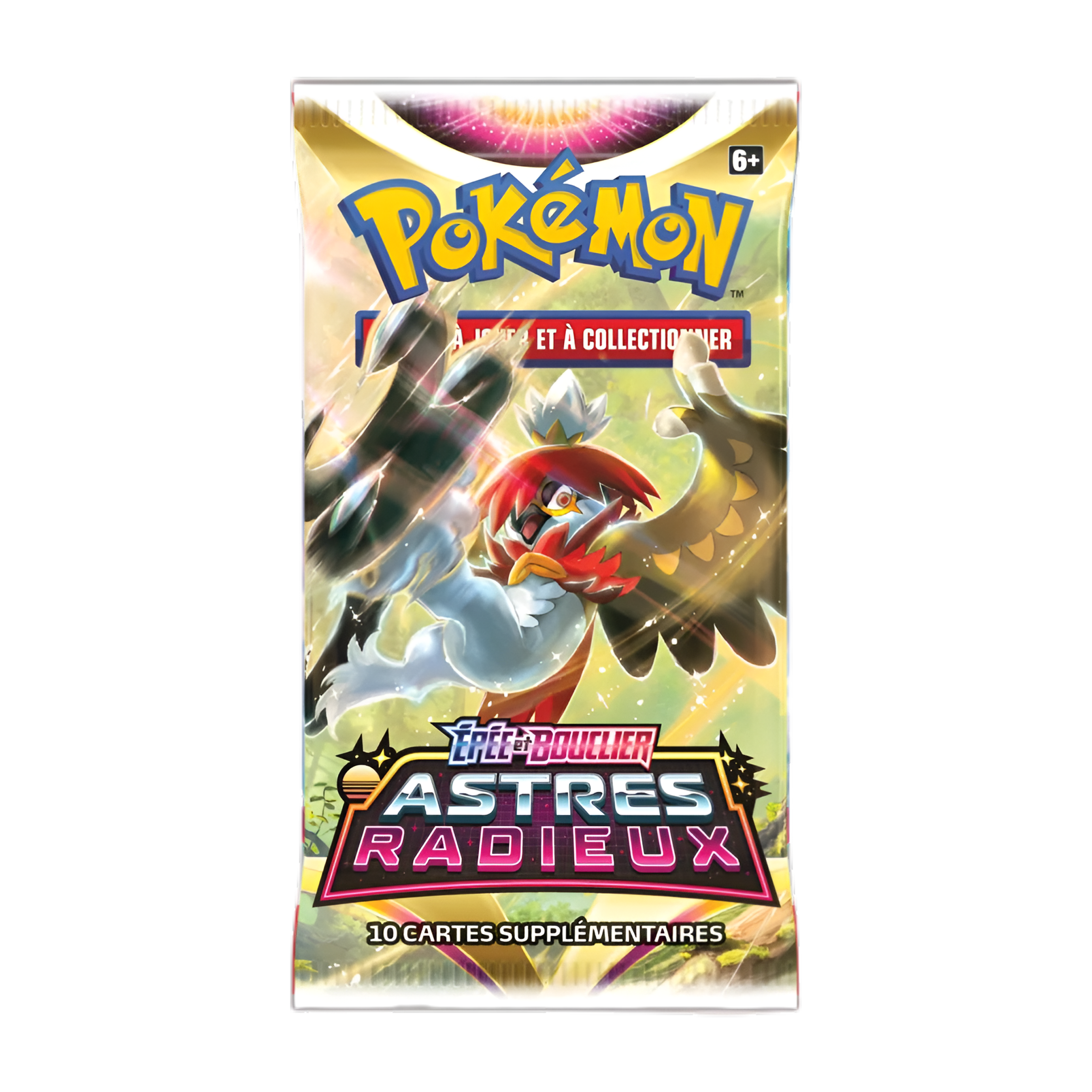 Booster Pokémon Épée et Bouclier Astres Radieux, contenant 10 cartes supplémentaires, avec illustration de Hachécateur de Hisui.