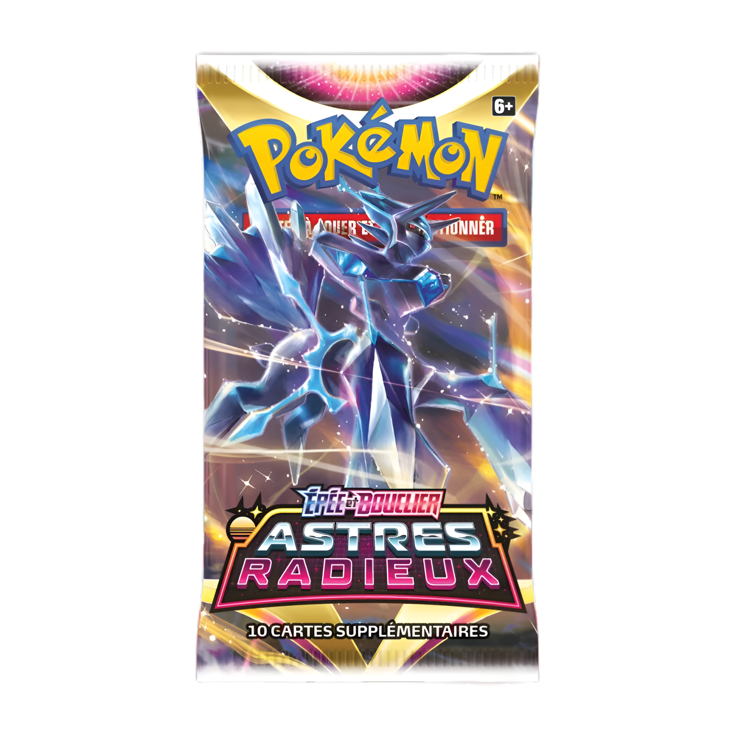 Booster Pokémon Épée et Bouclier Astres Radieux, illustration Dialga Originel, contenant 10 cartes supplémentaires à jouer et à collectionner.