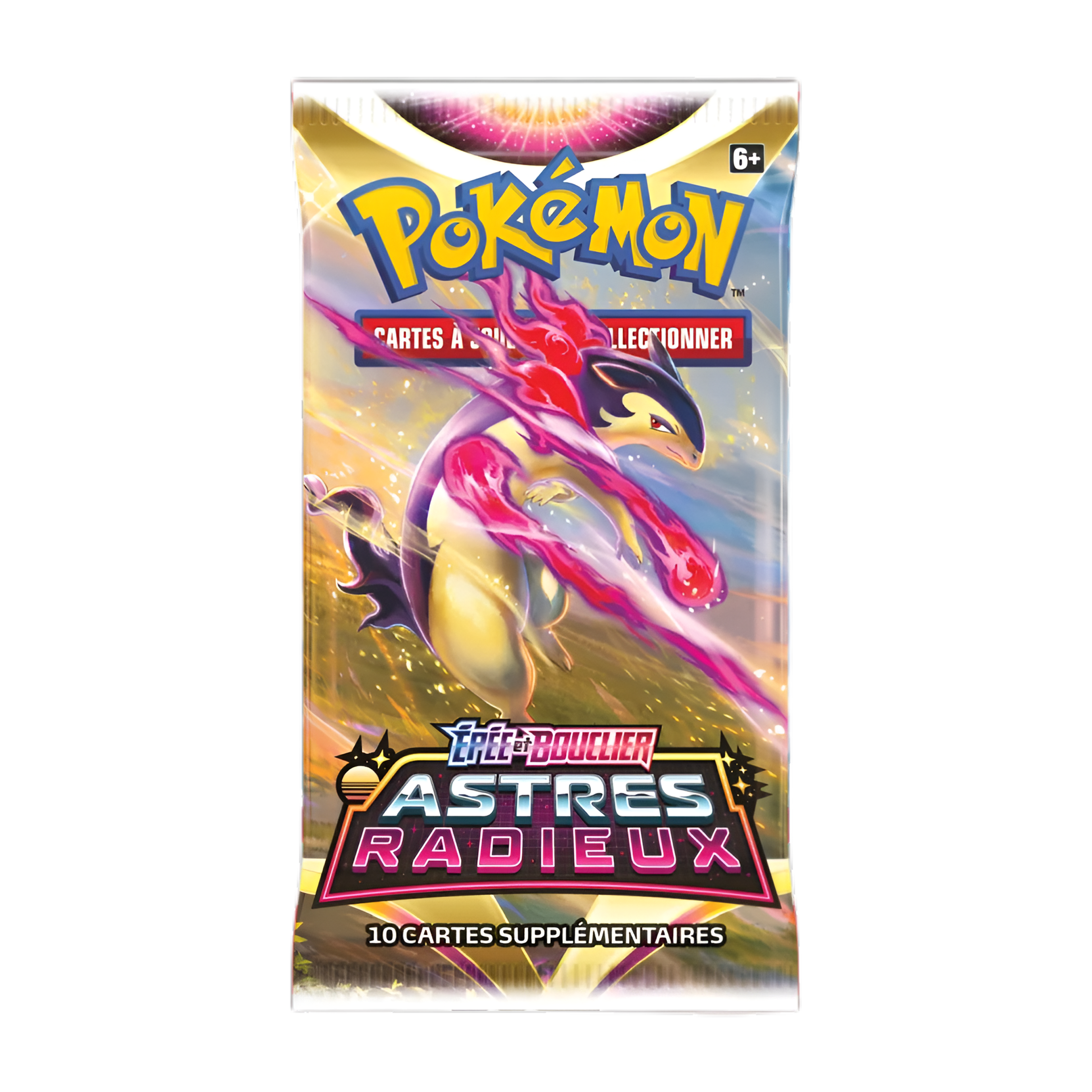 Booster Pokémon Épée et Bouclier Astres Radieux, illustration Typhlosion de Hisui, contenant 10 cartes supplémentaires à jouer et collectionner.