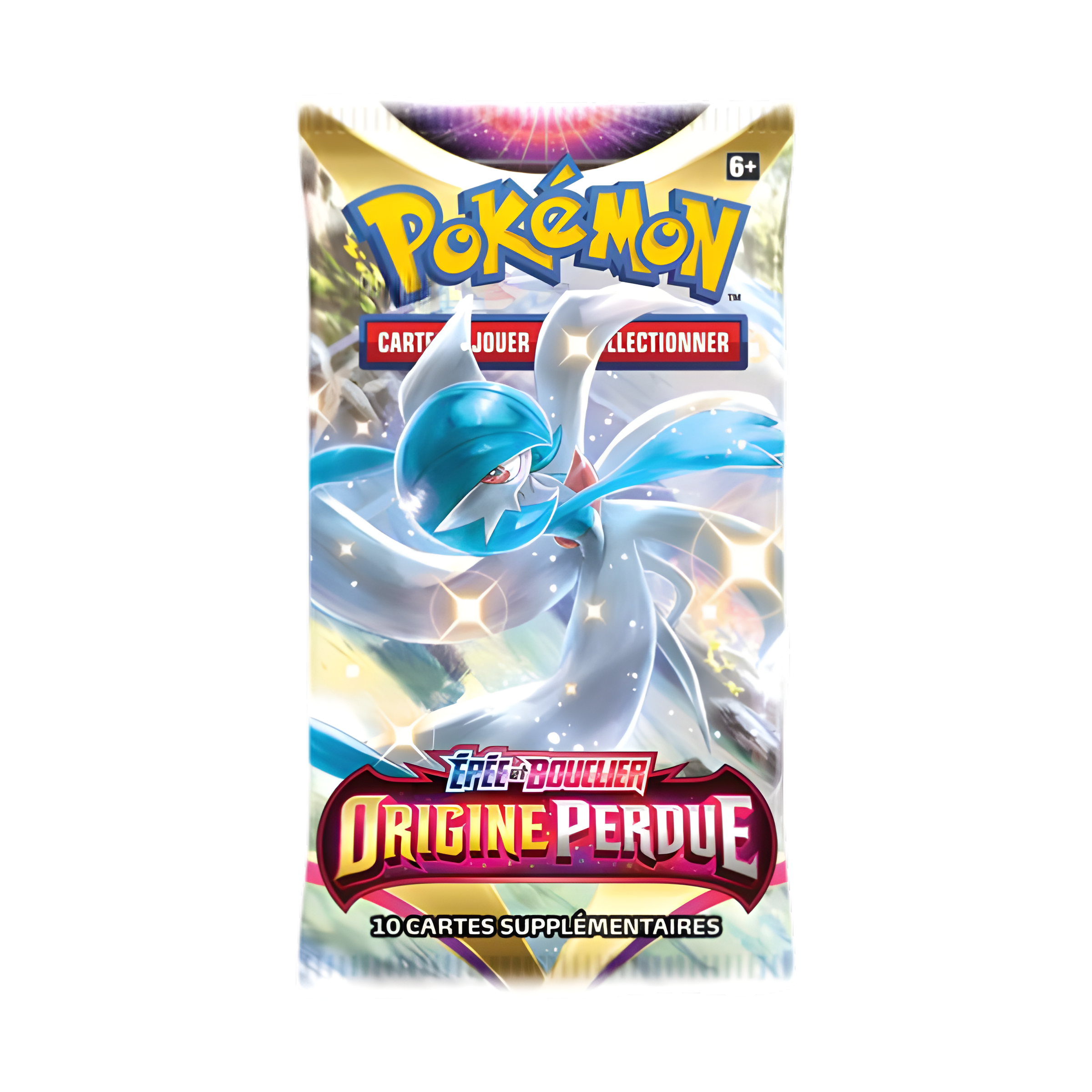 Booster Pokémon Épée et Bouclier Origine Perdue, illustration Gardevoir, contenant 10 cartes supplémentaires à jouer et collectionner.