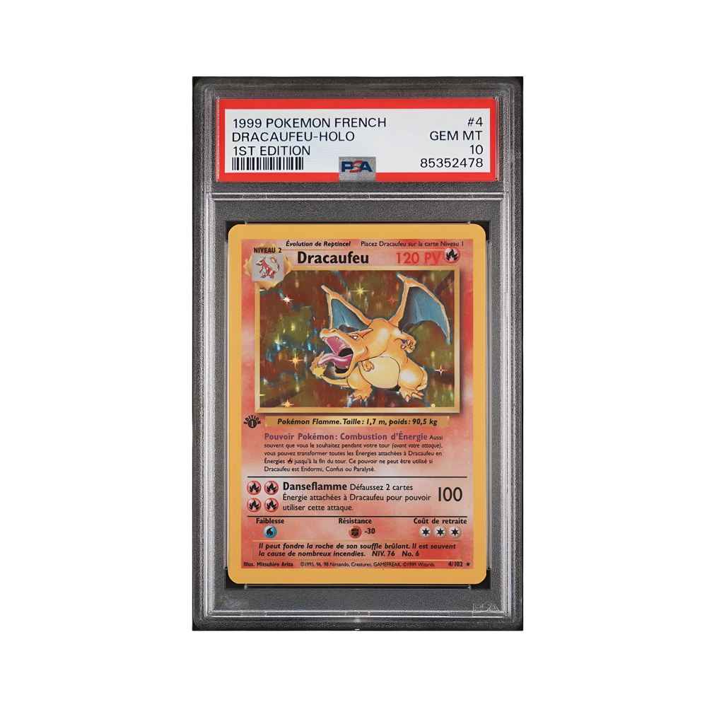 Carte Pokémon Dracaufeu holographique 1re édition 1999, gradée PSA 10 GEM MT, version française, sous protection plastique.