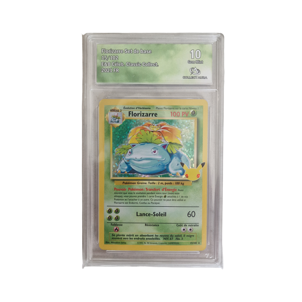 Carte Pokémon Florizarre Set de Base 15/102, édition E&B Célébrations Classic Collection 2021, gradée Collect Aura 10 Gem Mint, sous protection plastique.