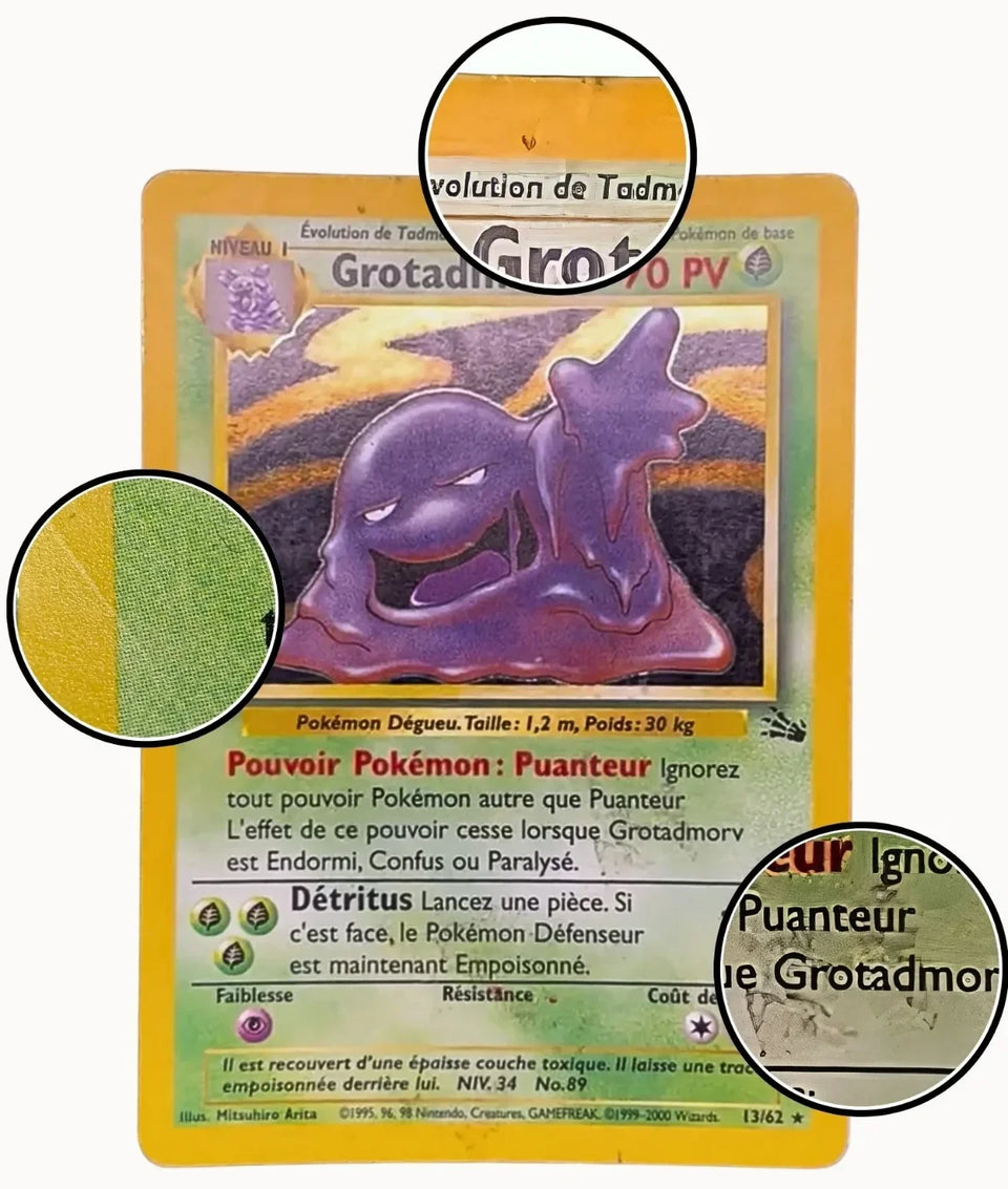 Carte Pokémon Grotadmorv (Fossile) avant nettoyage : taches et salissures en surface