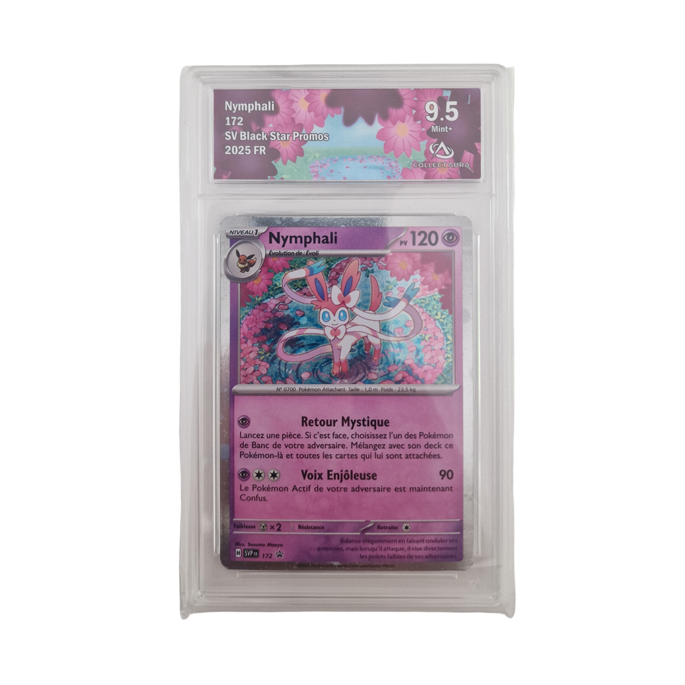 Carte Pokémon Nymphali promo 172 SV Black Star Promos, édition française 2025, gradée Collect Aura 9.5 Mint+, sous protection plastique.