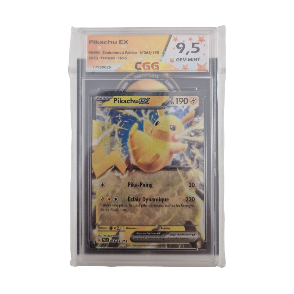 Carte Pokémon Pikachu EX Évolutions à Paldea 063/193, édition française 2023, holographique, gradée CGG 9.5 Gem-Mint, sous protection plastique.
