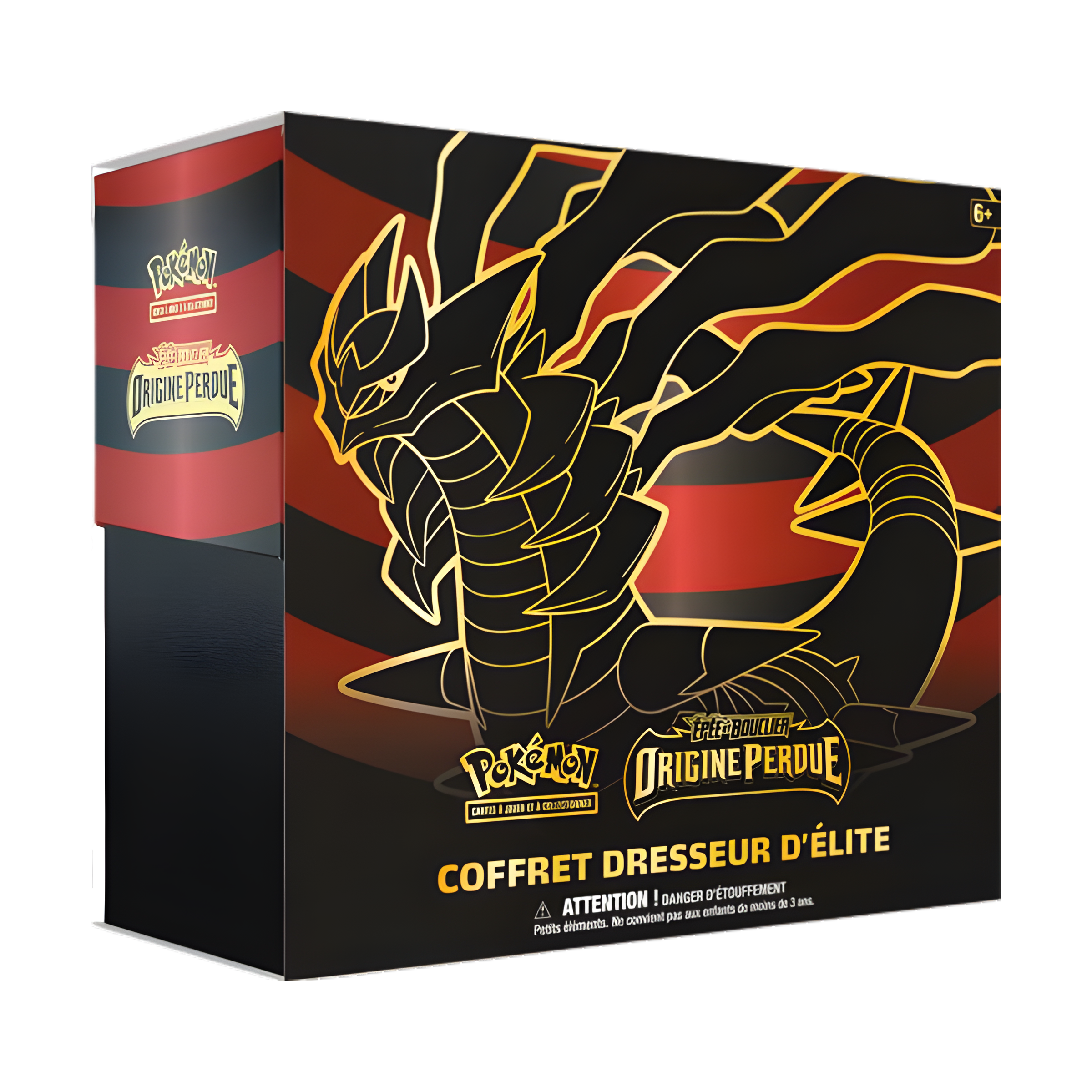 Coffret Dresseur d’Élite Pokémon Épée et Bouclier Origine Perdue, avec illustration de Giratina, idéal pour les collectionneurs et joueurs du JCC Pokémon.
