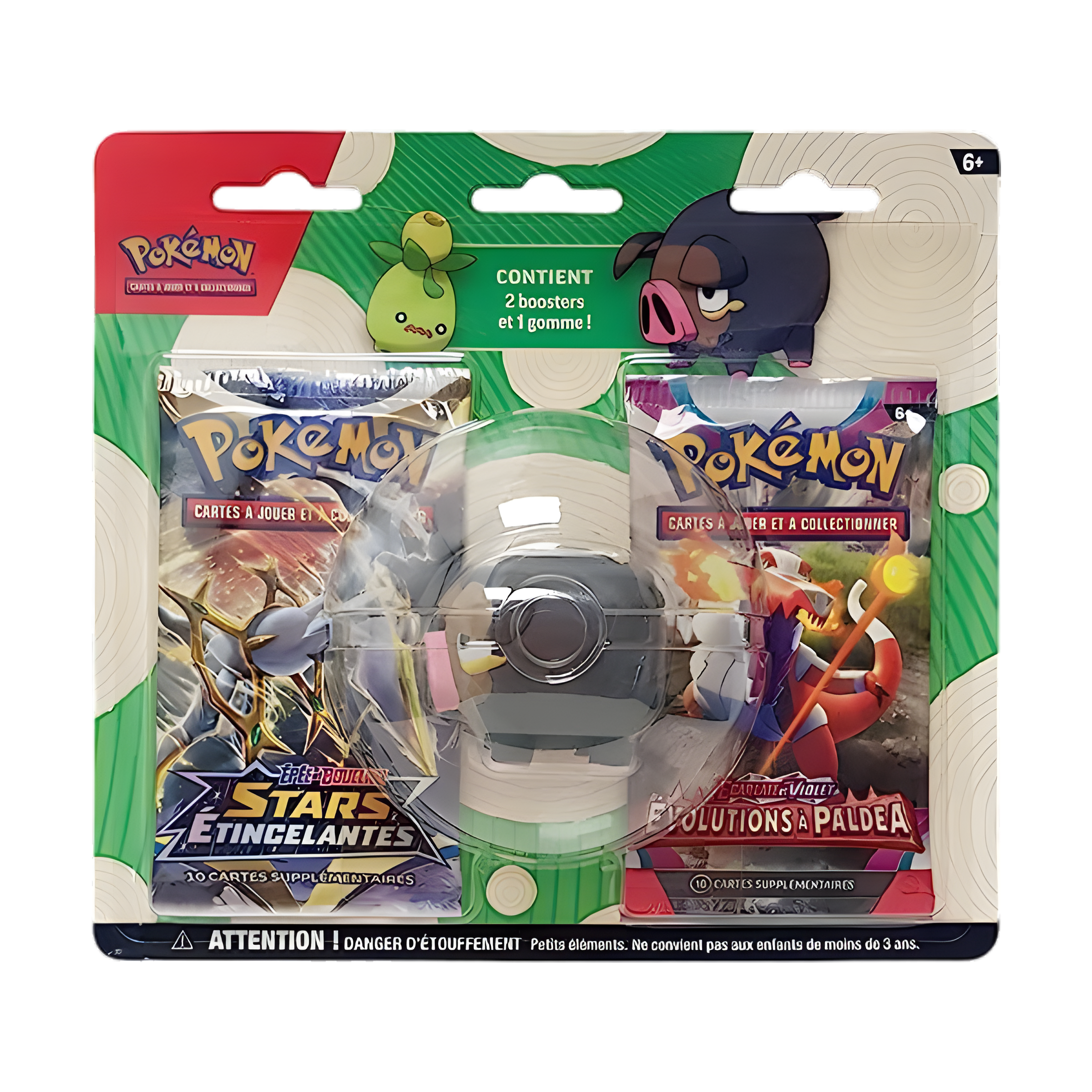 Coffret Pokémon contenant deux boosters, une gomme, avec les séries Stars Étincelantes et Évolutions à Paldea, destiné à la collection et au jeu de cartes.