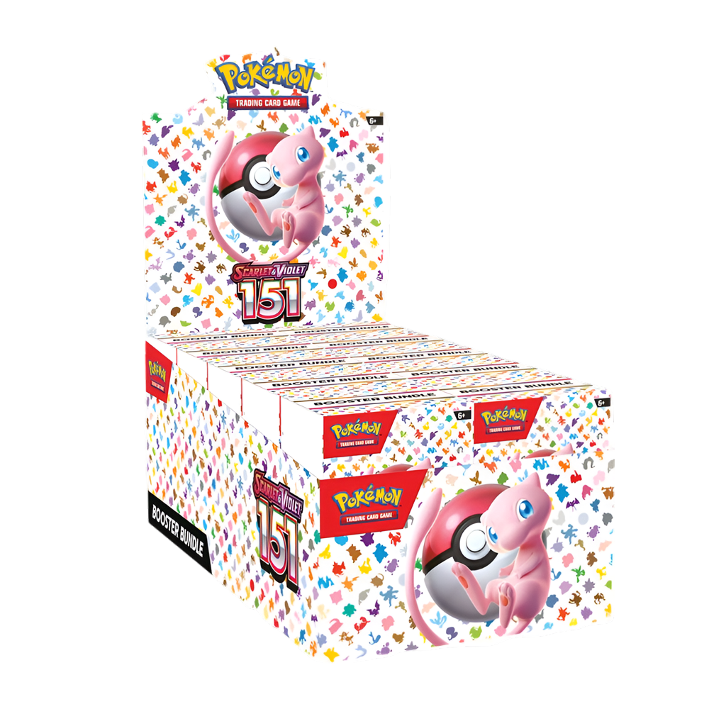 Display Pokémon Écarlate et Violet 151, boîte présentoir contenant plusieurs Booster Bundles, avec illustration de Mew et de nombreux Pokémon, idéal pour collectionneurs et joueurs du JCC Pokémon.