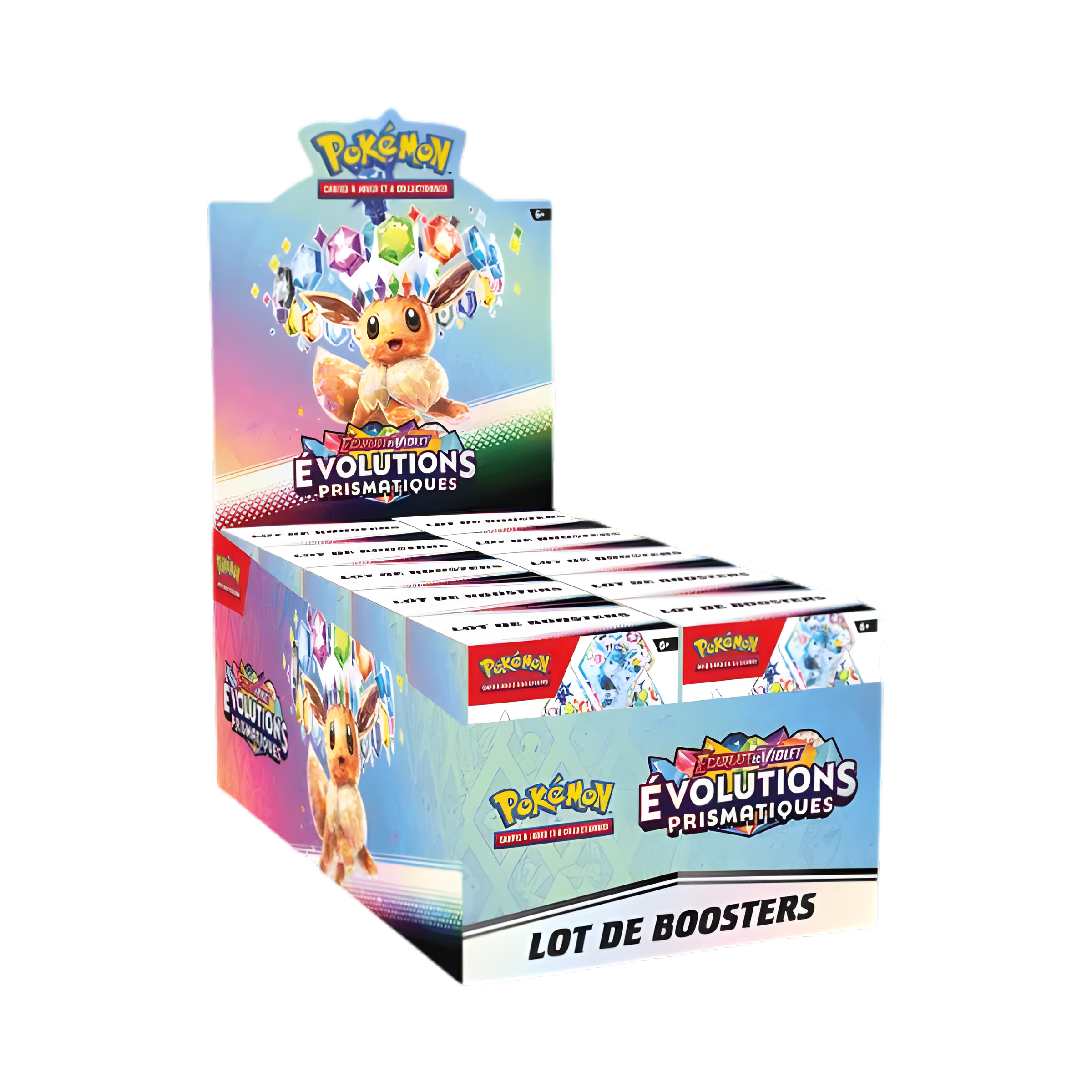 Display Pokémon Écarlate et Violet Évolutions Prismatiques, contenant un lot de boosters avec illustration d’Évoli, idéal pour compléter sa collection de cartes Pokémon.
