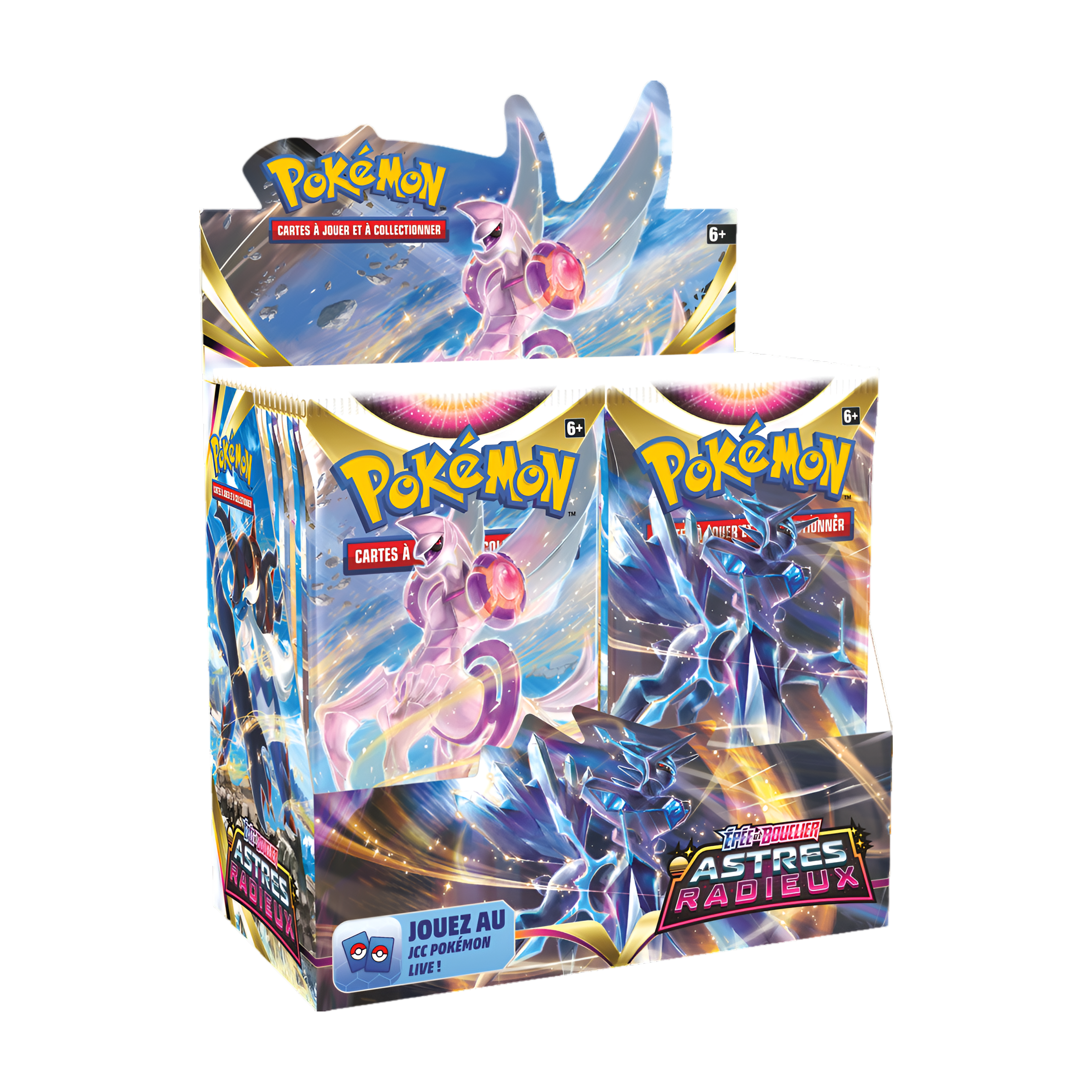 Display Pokémon Épée et Bouclier Astres Radieux, boîte de boosters avec illustrations de Palkia Originel et Dialga Originel, idéal pour les collectionneurs et joueurs du JCC Pokémon.