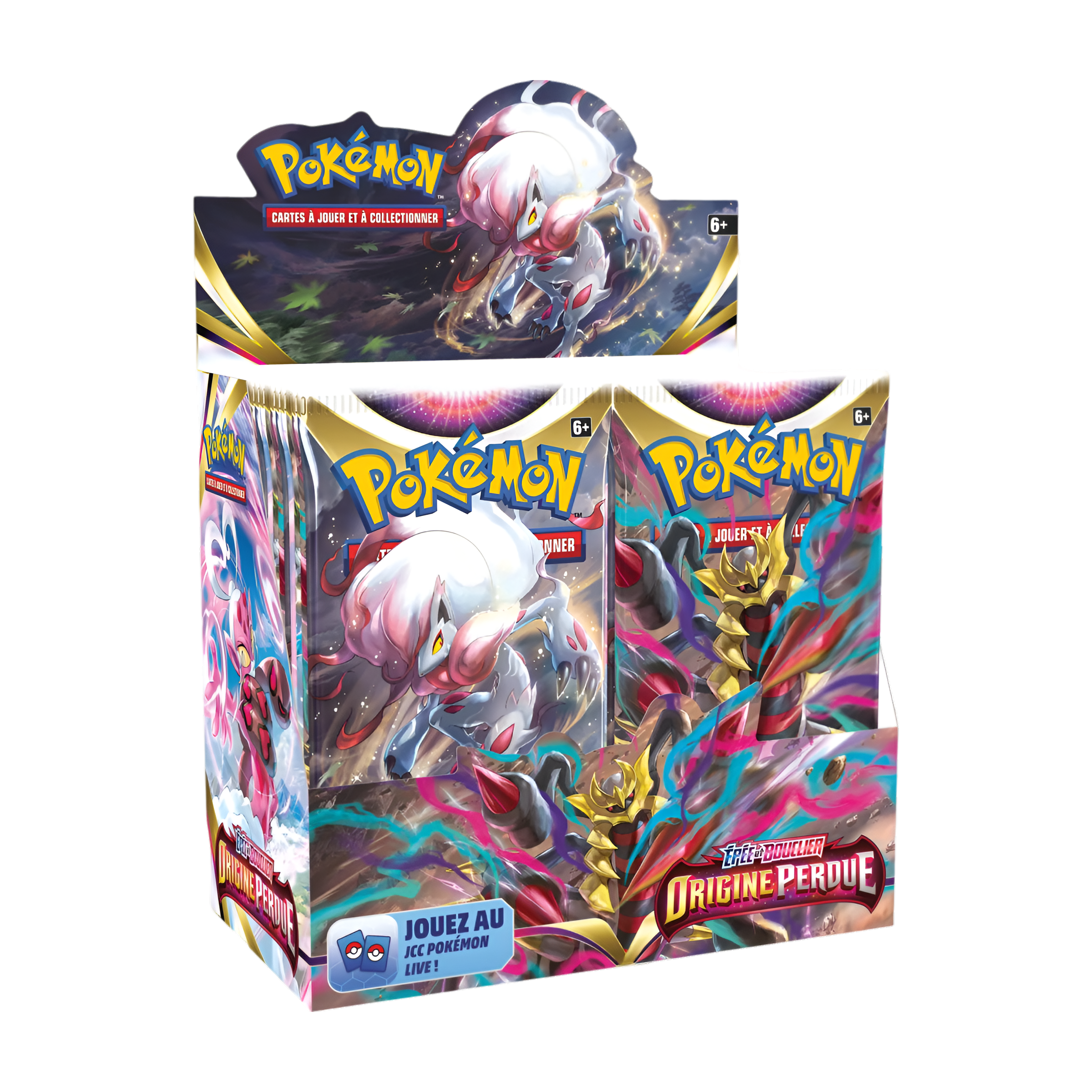 Display Pokémon Épée et Bouclier Origine Perdue, boîte de 36 boosters avec illustrations de Zoroark de Hisui et Giratina, destiné aux collectionneurs et joueurs du JCC Pokémon.
