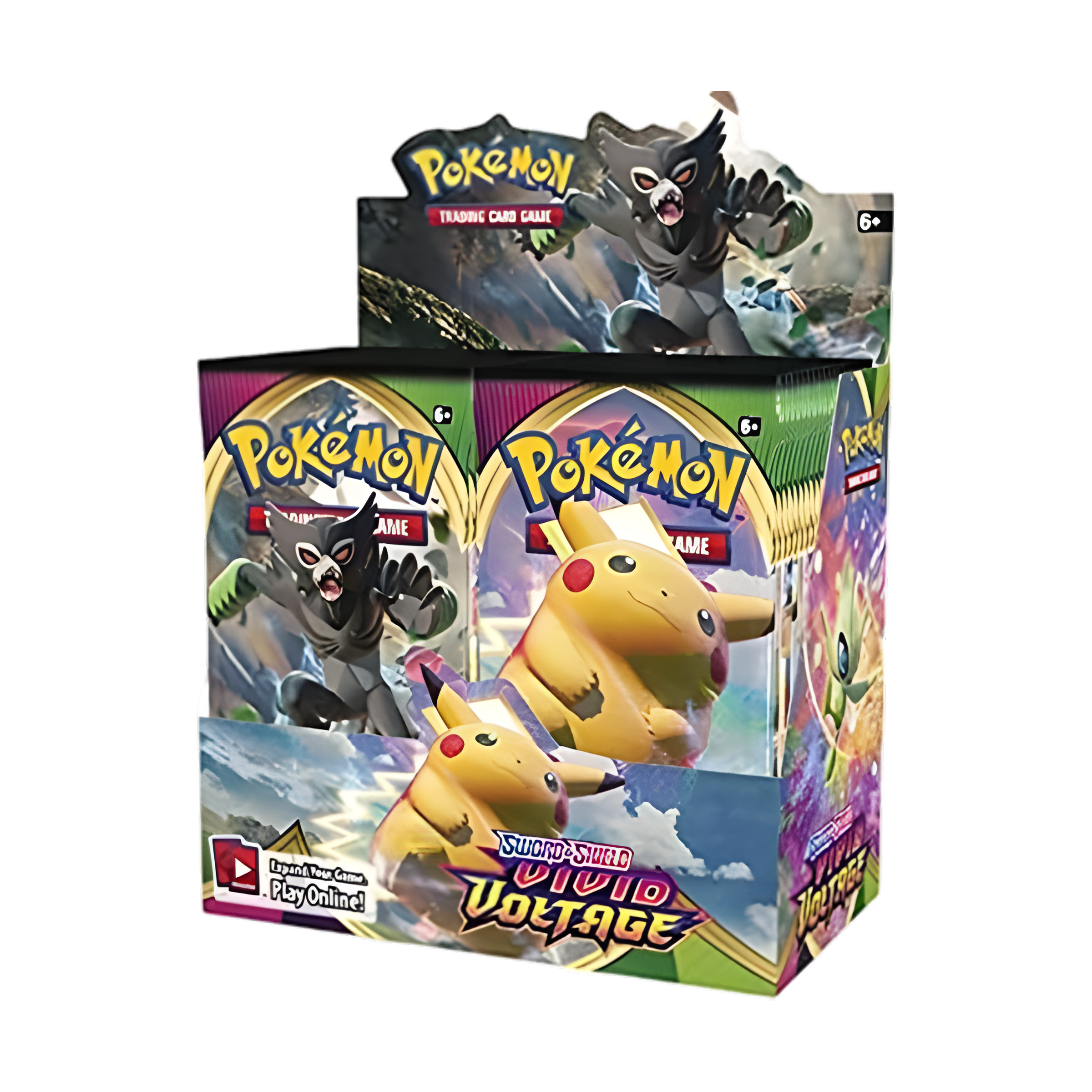 Display de boosters Pokémon Épée et Bouclier Voltage Éclatant, avec Pikachu Gigamax en illustration, idéal pour collectionner et jouer au jeu de cartes Pokémon.