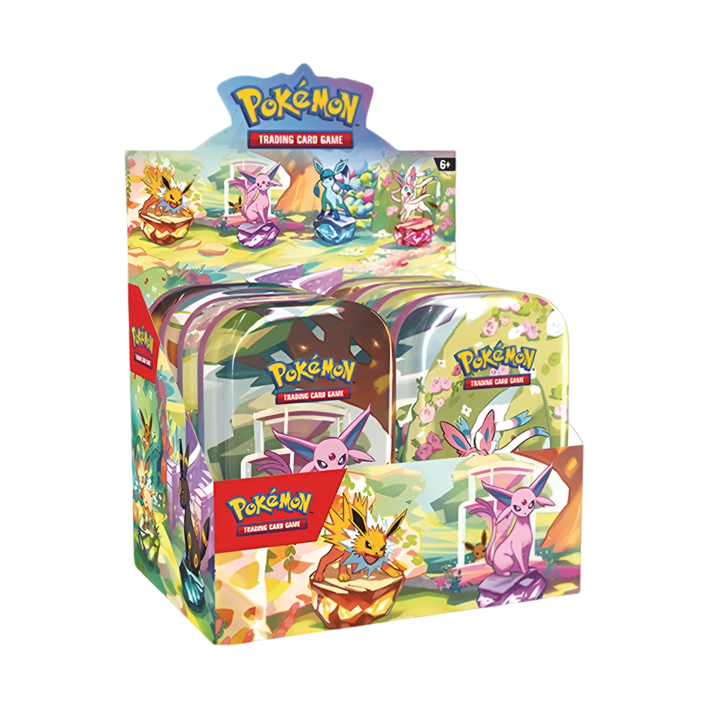 Display de huit Mini Tins Pokémon Évolutions Prismatiques, avec illustrations d’Évoli et ses évolutions, idéal pour collectionner et ranger des cartes Pokémon.