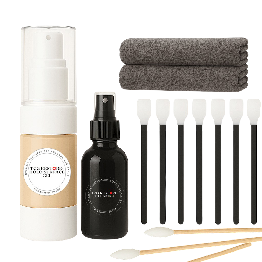 Kit complet de nettoyage et restauration pour cartes Pokémon, certifié grading-safe, comprenant gel, spray, lingettes microfibre, applicateurs et bâtonnets pour l’entretien des cartes à collectionner.