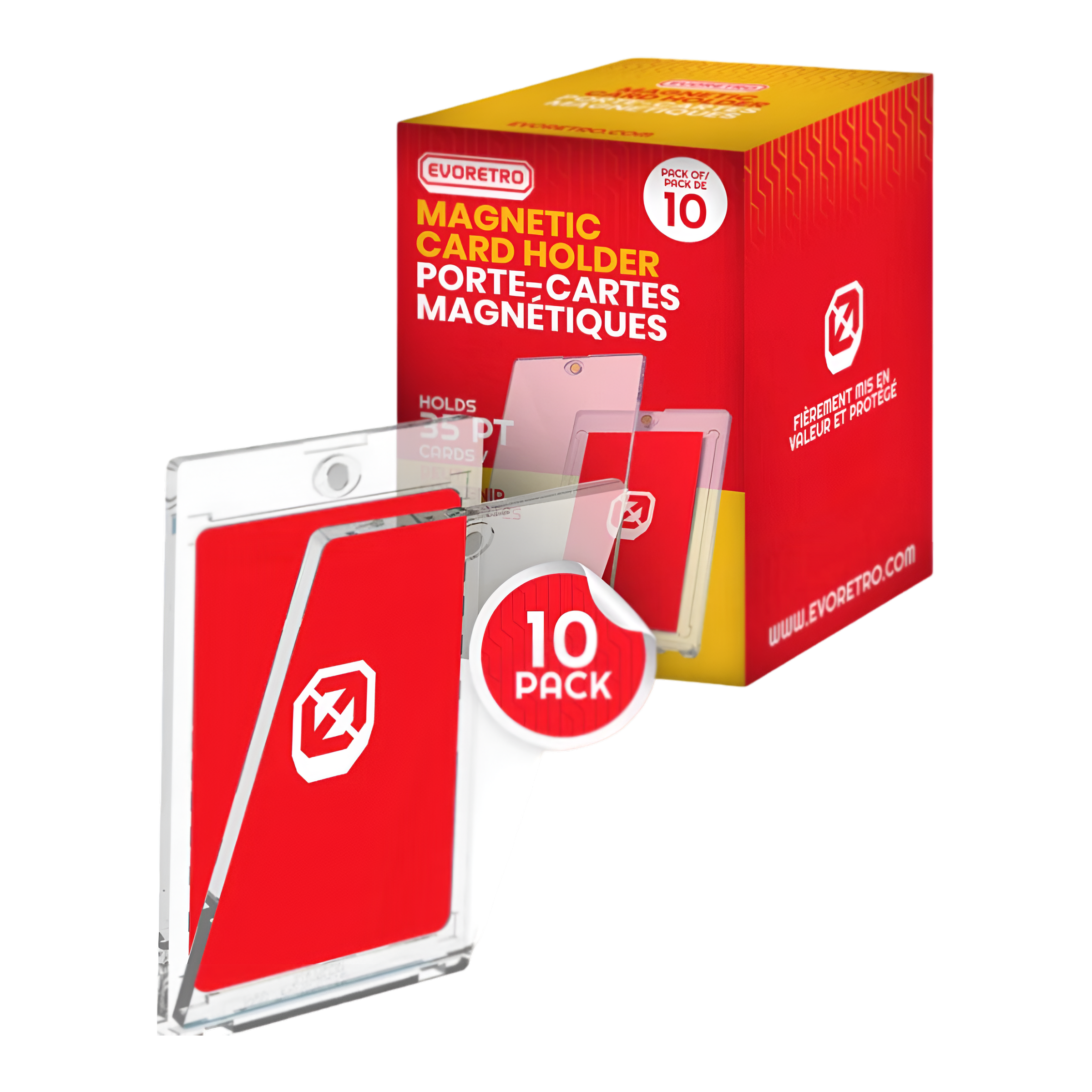 Boîte de 10 porte-cartes magnétiques EVORETRO pour cartes à collectionner, avec deux porte-cartes transparents visibles devant la boîte rouge et jaune.
