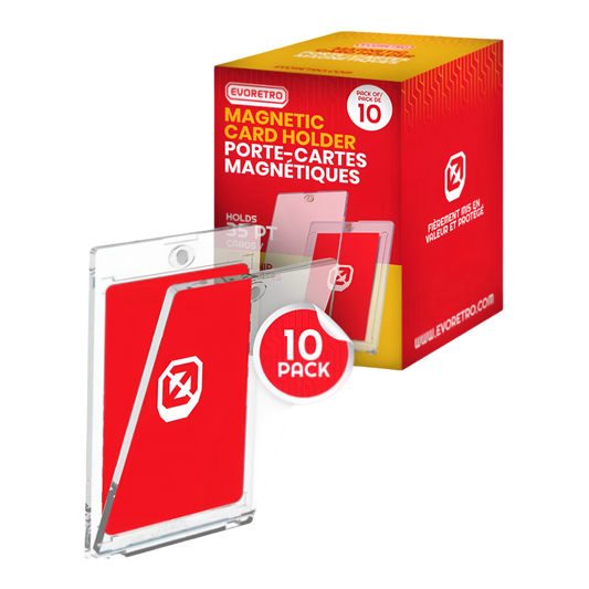 Boîte de 10 porte-cartes magnétiques EVORETRO pour cartes à collectionner, avec deux porte-cartes transparents visibles devant la boîte rouge et jaune.