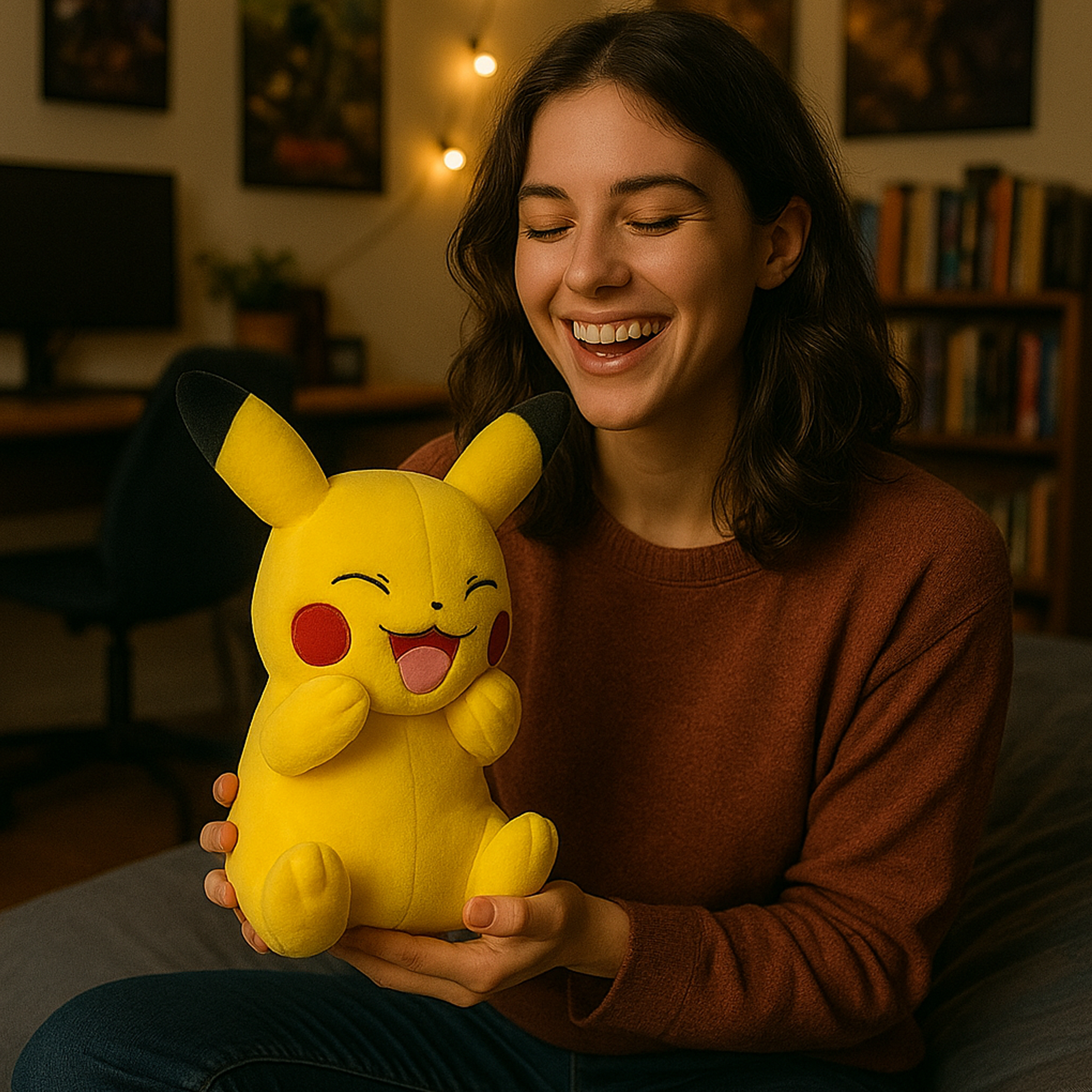 Jeune femme souriante assise sur un lit, tenant une grande peluche Pikachu dans une chambre chaleureuse décorée de guirlandes lumineuses et de posters.
