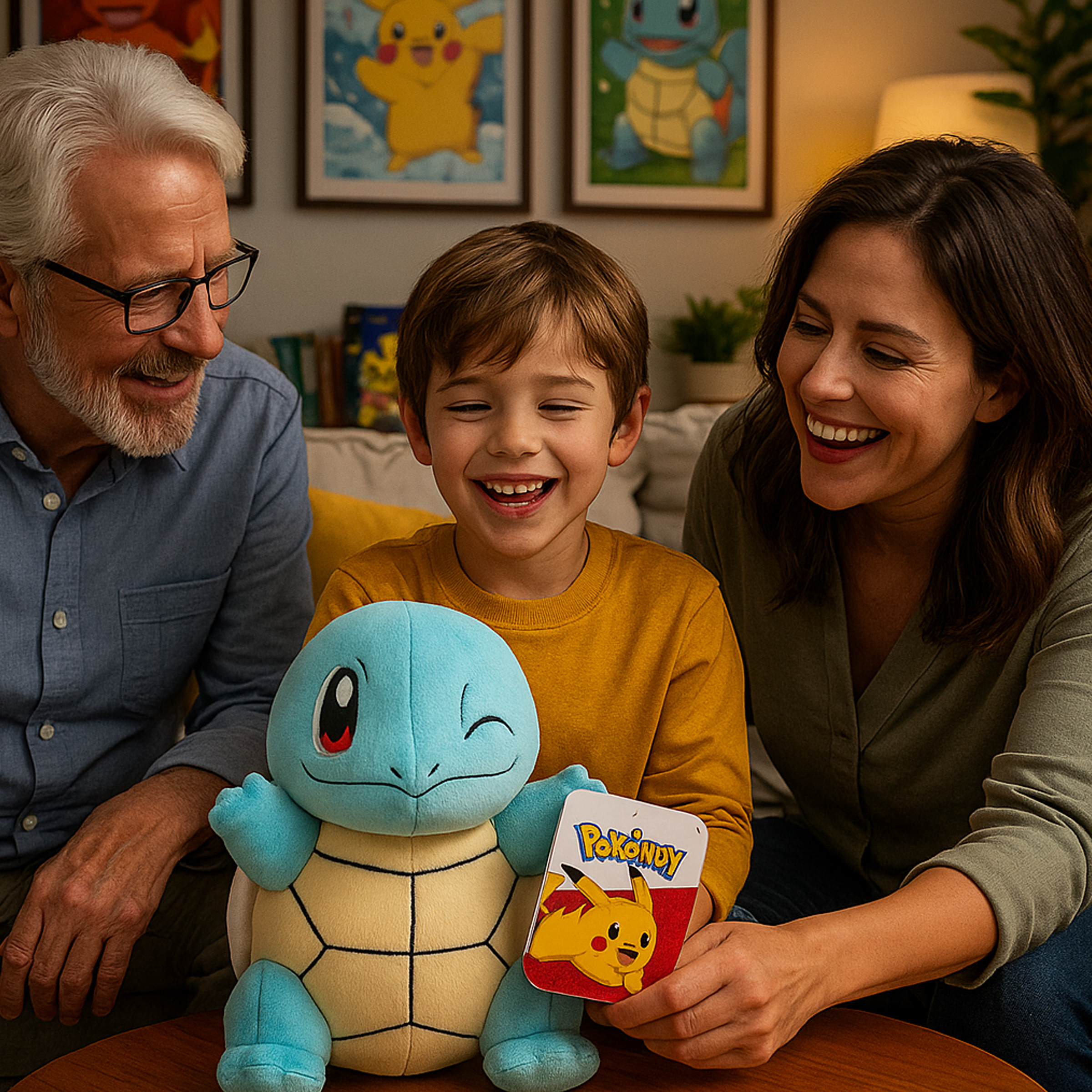 Enfant souriant avec une peluche Pokémon Carapuce, accompagné de sa famille dans un salon chaleureux décoré de cadres Pikachu, Salamèche et Carapuce. Ambiance conviviale et ludique.