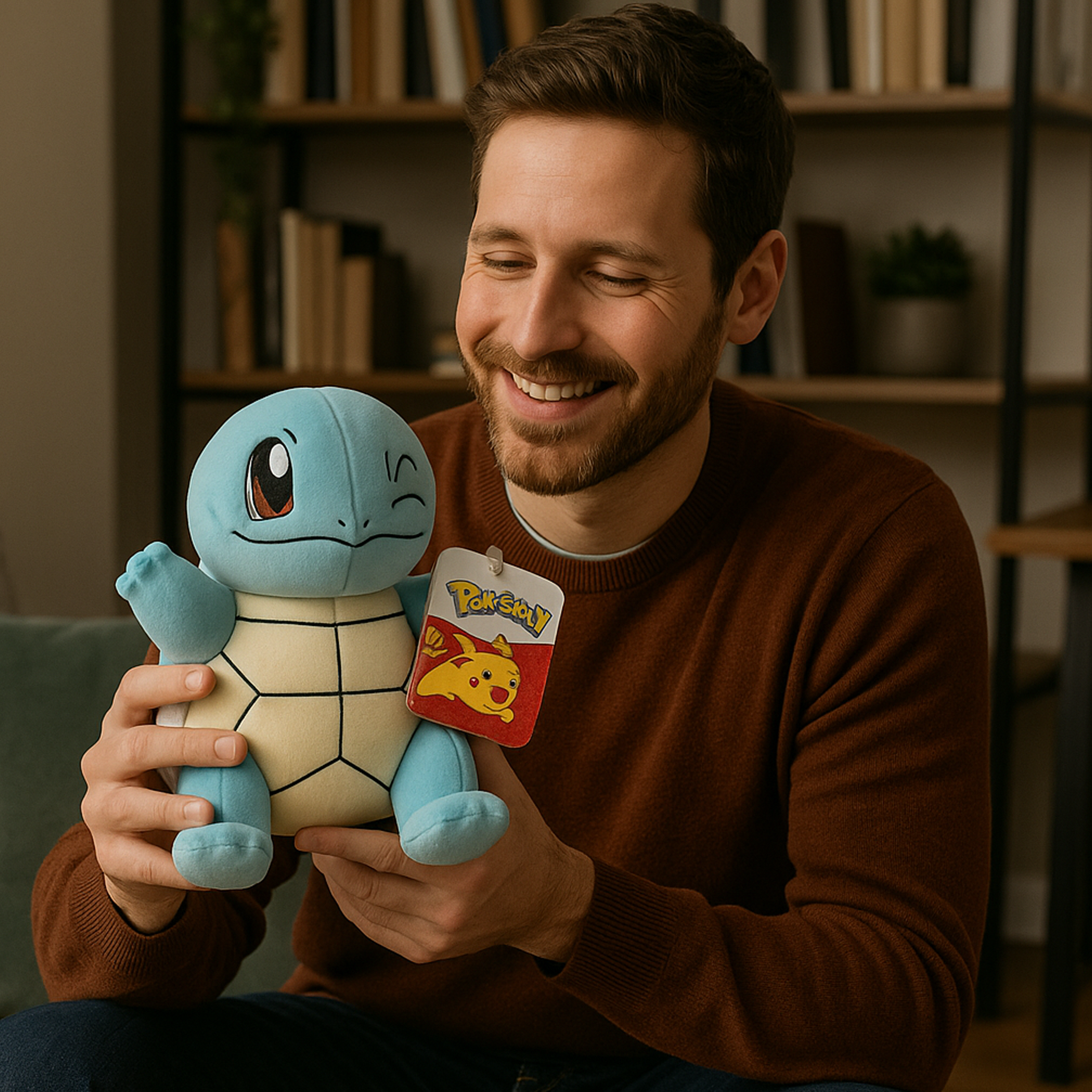 Homme souriant assis sur un canapé tenant une peluche Pokémon Carapuce avec une étiquette Pikachu, dans un salon chaleureux avec étagères et bureau en arrière-plan.
