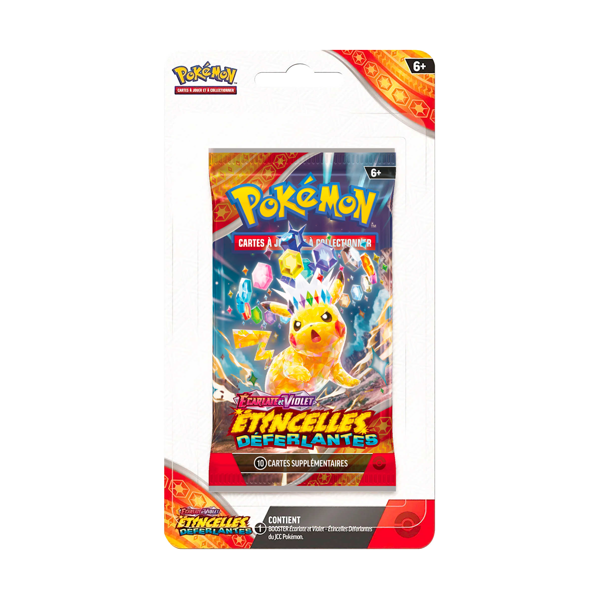 Blister Pokémon Écarlate et Violet EV08 Étincelles Déferlantes avec Pikachu Téracristal Stellaire, contenant un booster et une carte promo.