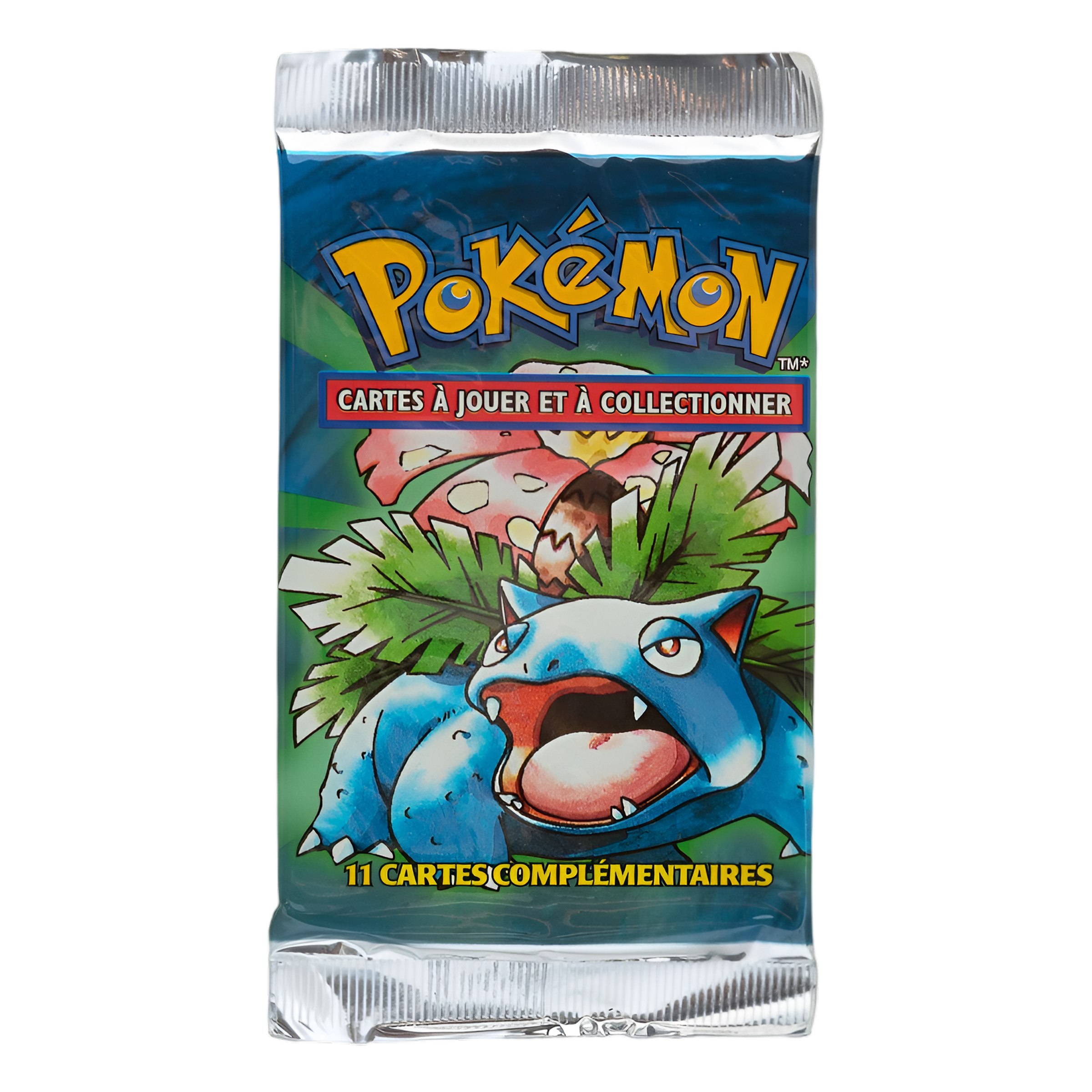 Face d’un booster Pokémon en français, édition de base, illustré avec Florizarre (Pokémon bleu avec une grande plante sur le dos, bouche ouverte) sur fond vert, logo "Pokémon" en haut, bandeau rouge "Cartes à jouer et à collectionner", et mention "11 cartes complémentaires" en bas.