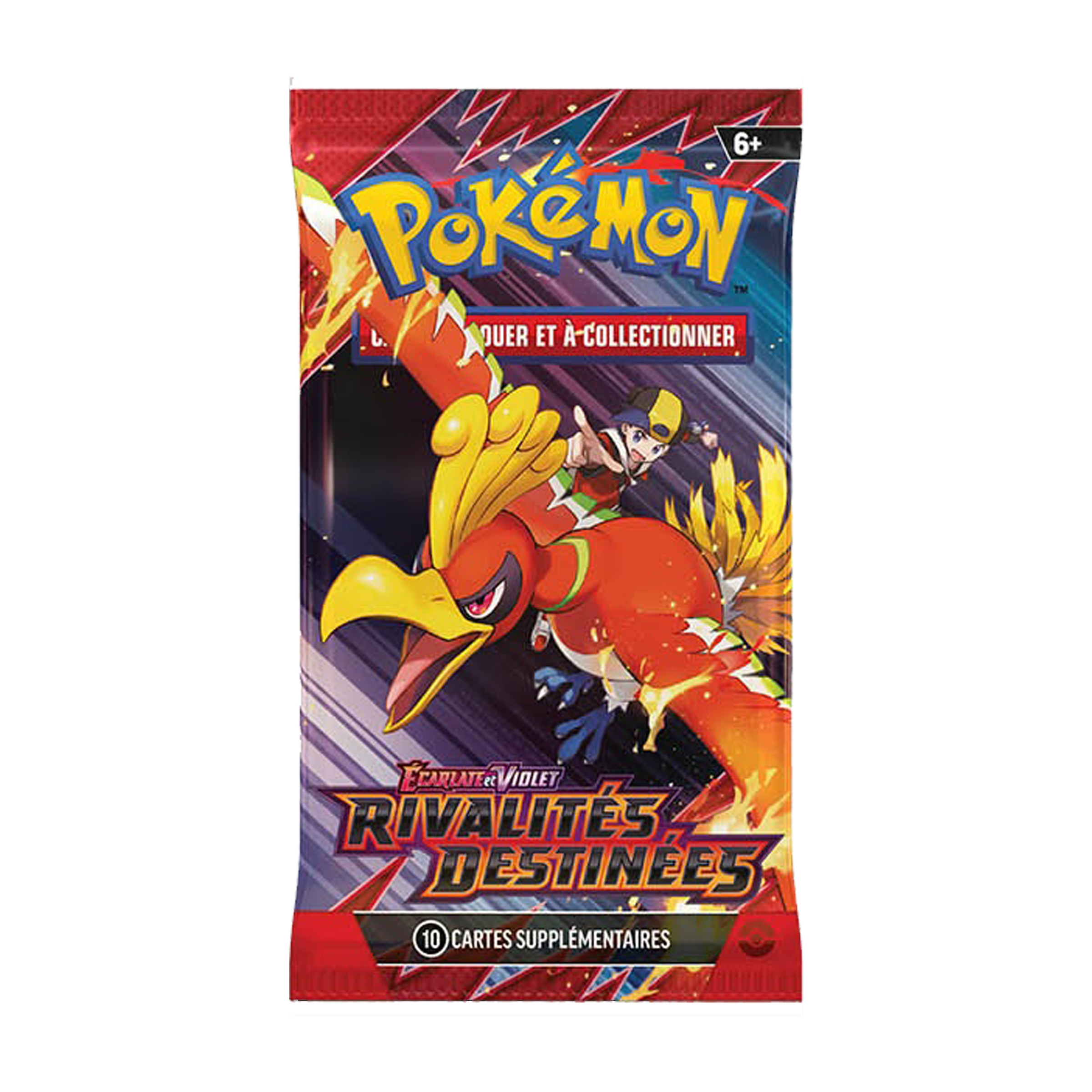 Booster Pokémon Écarlate et Violet Rivalités Destinées avec Ho-Oh et un dresseur, pack de 10 cartes supplémentaires en français.