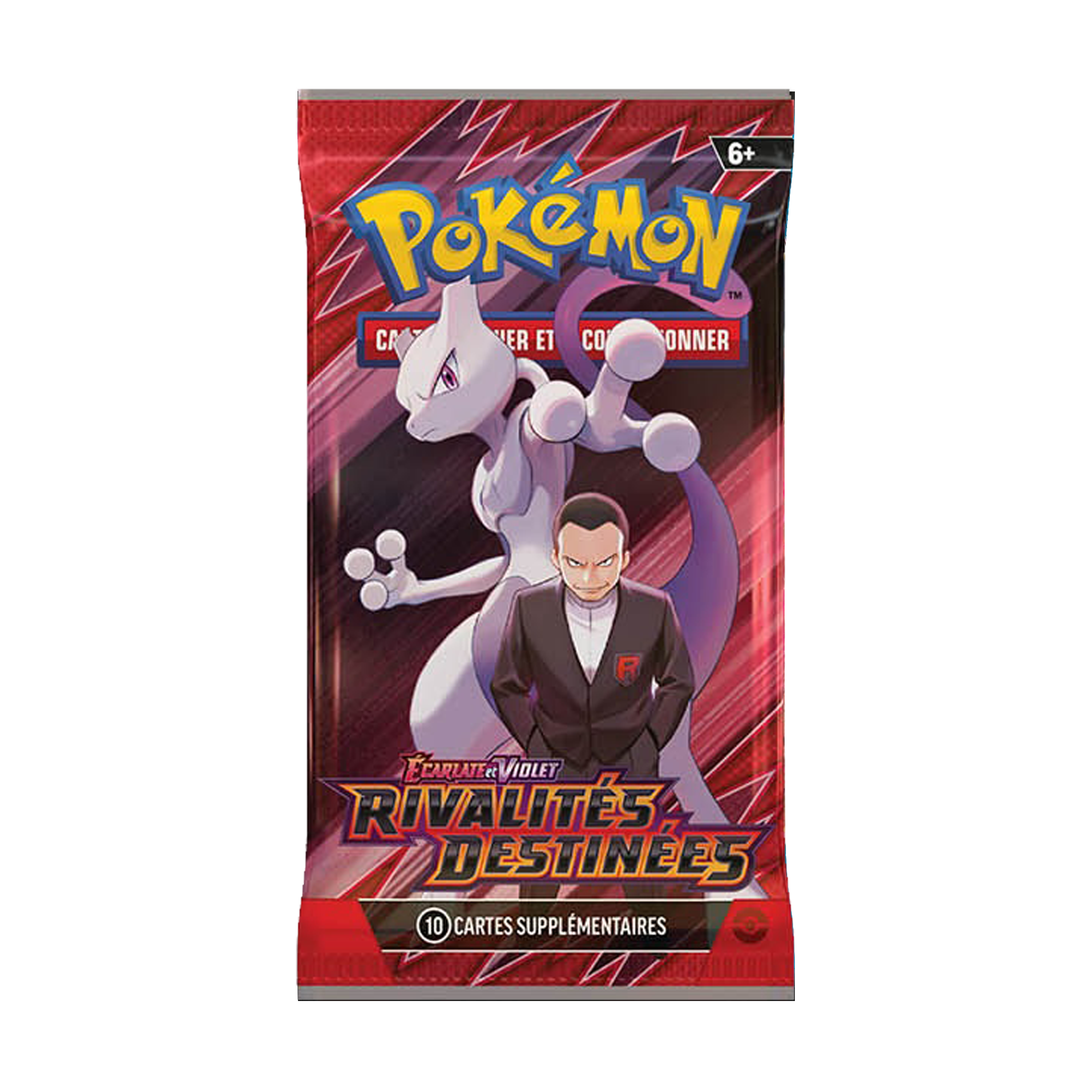 Booster Pokémon Écarlate et Violet Rivalités Destinées avec Giovanni et Mewtwo, pack de 10 cartes à collectionner en français.